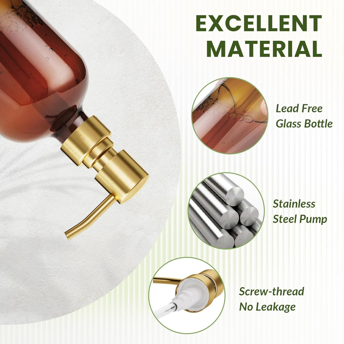 AmazerBath Amber Glass Soap Dispenser, 2 Pack Vintage Brown Bottle with Stainless Steel Pump,17 Oz