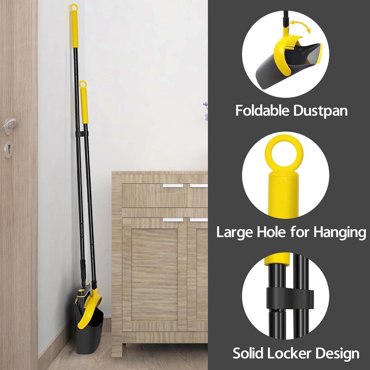 JEHONN Broom and Dust Pan, 54.3 inches Long Handle Swivel Brush, Upright Foldable Dustpan with Comb