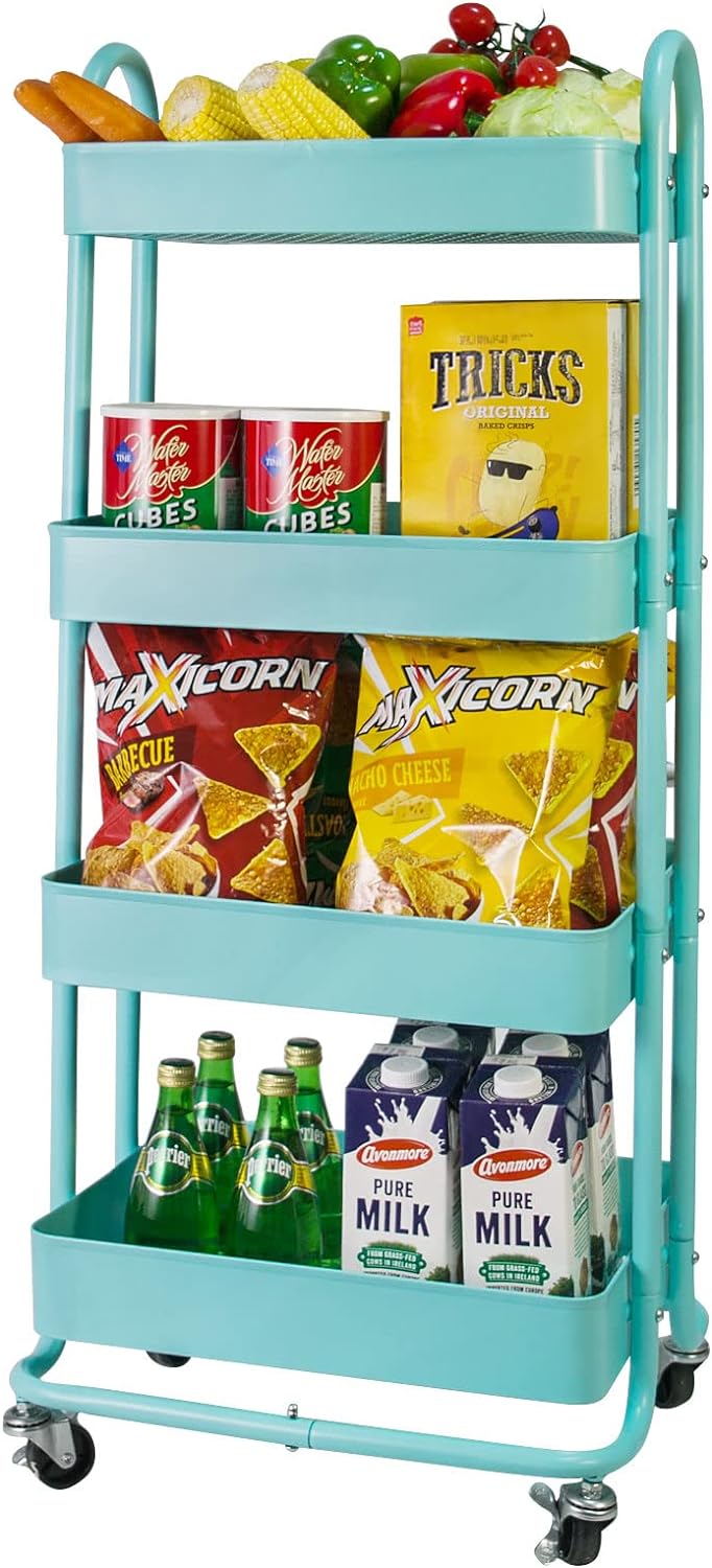 elabo 4-Tier Metal Mesh Utility Rolling Cart, Storage Organizer Trolley Services Cart with Lockable