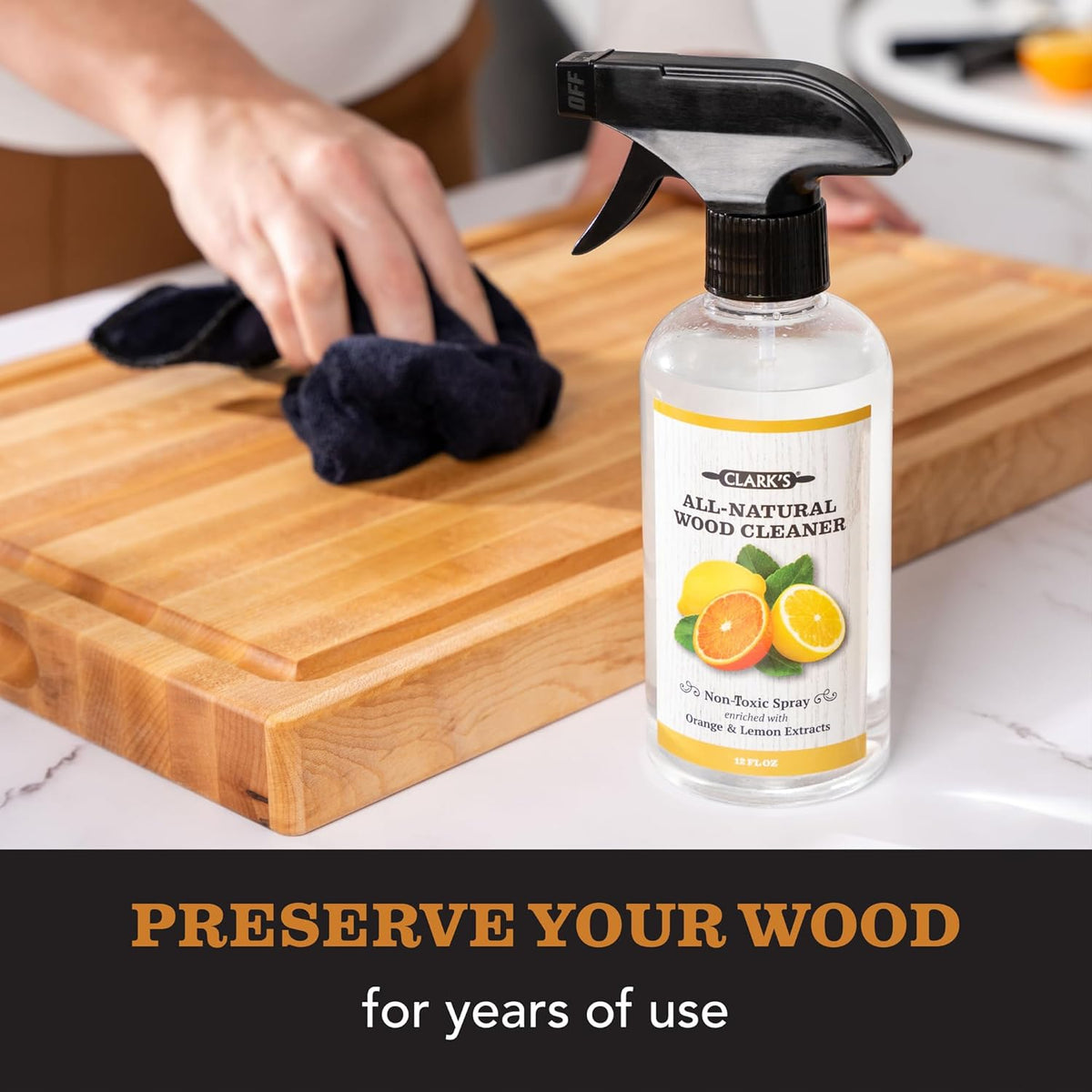 CLARK'S Natural Cutting Board Spray Cleaner, with Microfiber Cloth, for Wood Countertop – Pure