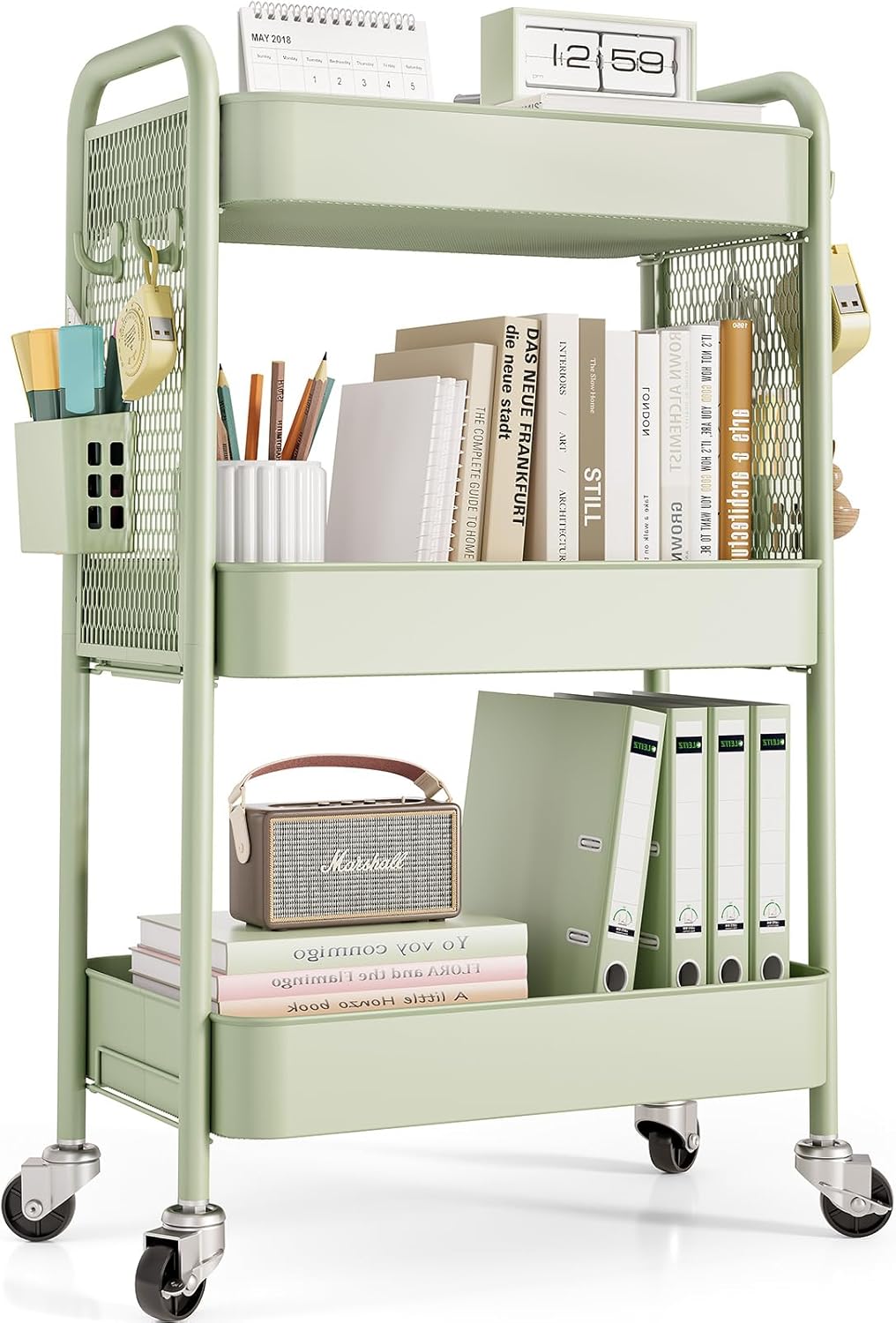 TOOLF 3 Tier Rolling Cart Storage Organizer, Metal Rolling Utility Cart with Wheels, Hooks & Bins