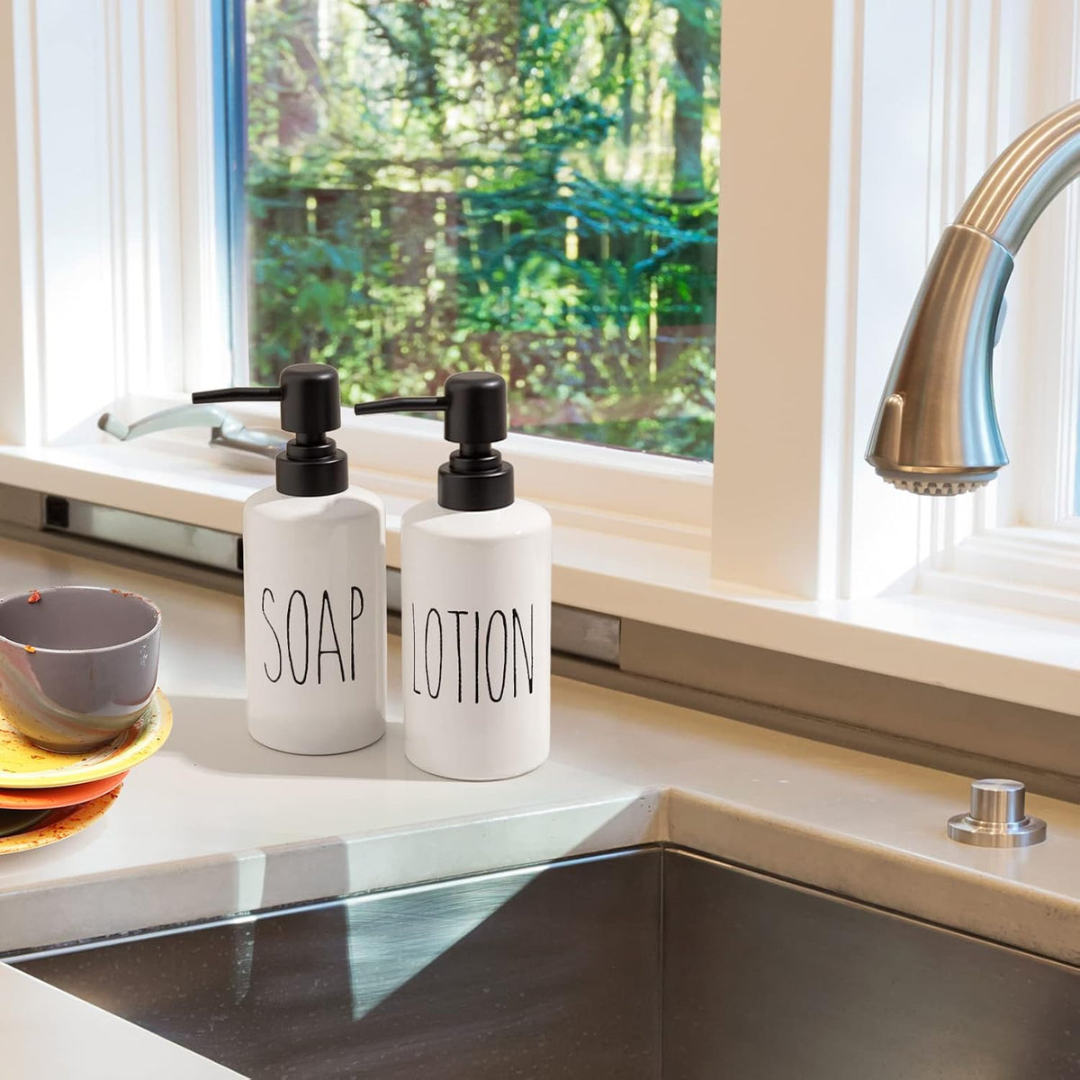 FE Soap Dispenser, 10oz Ceramic Liquid Soap Dispenser for Bathroom Countertop with Plastic
