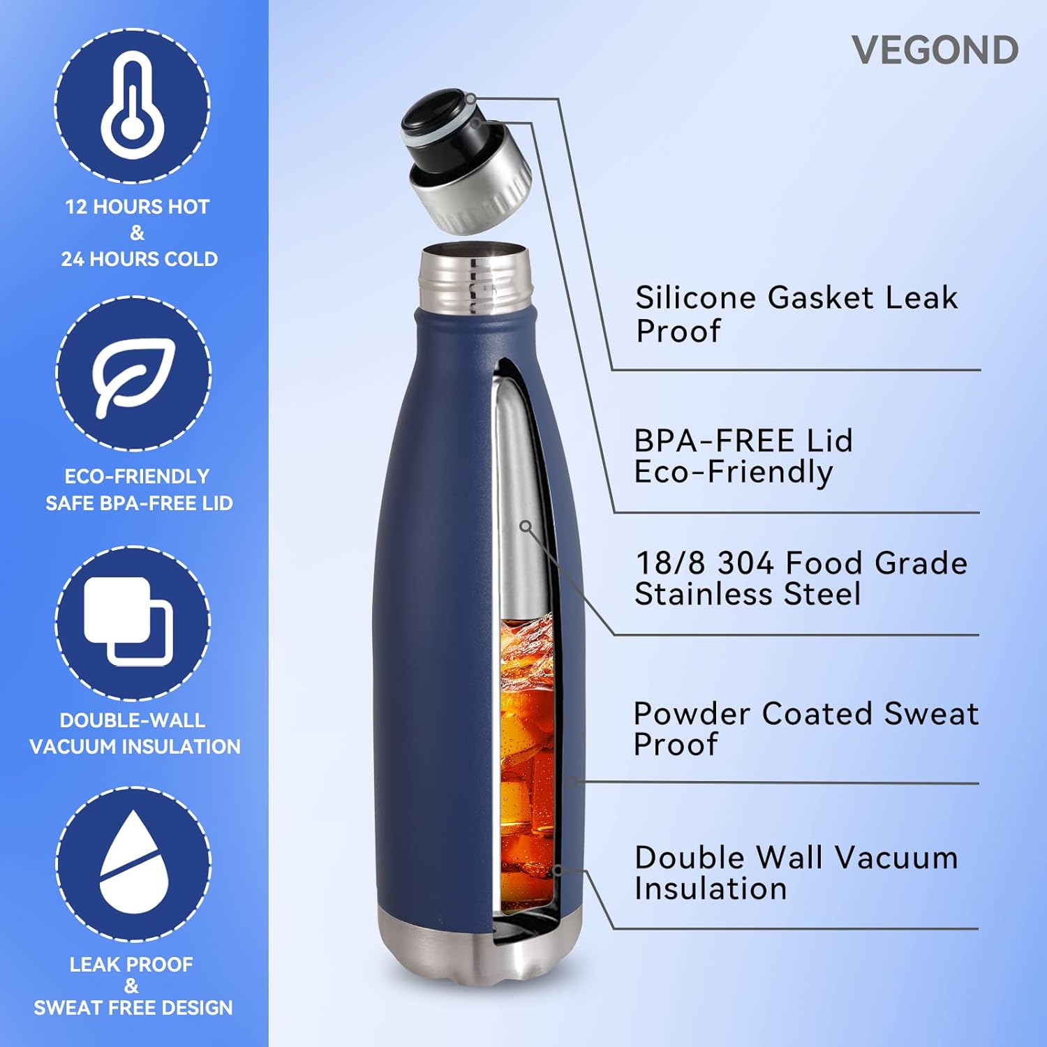 VEGOND 17oz Stainless Steel Water Bottles Bulk, Reusable Metal Sports Water Bottle Keeps Drink Hot