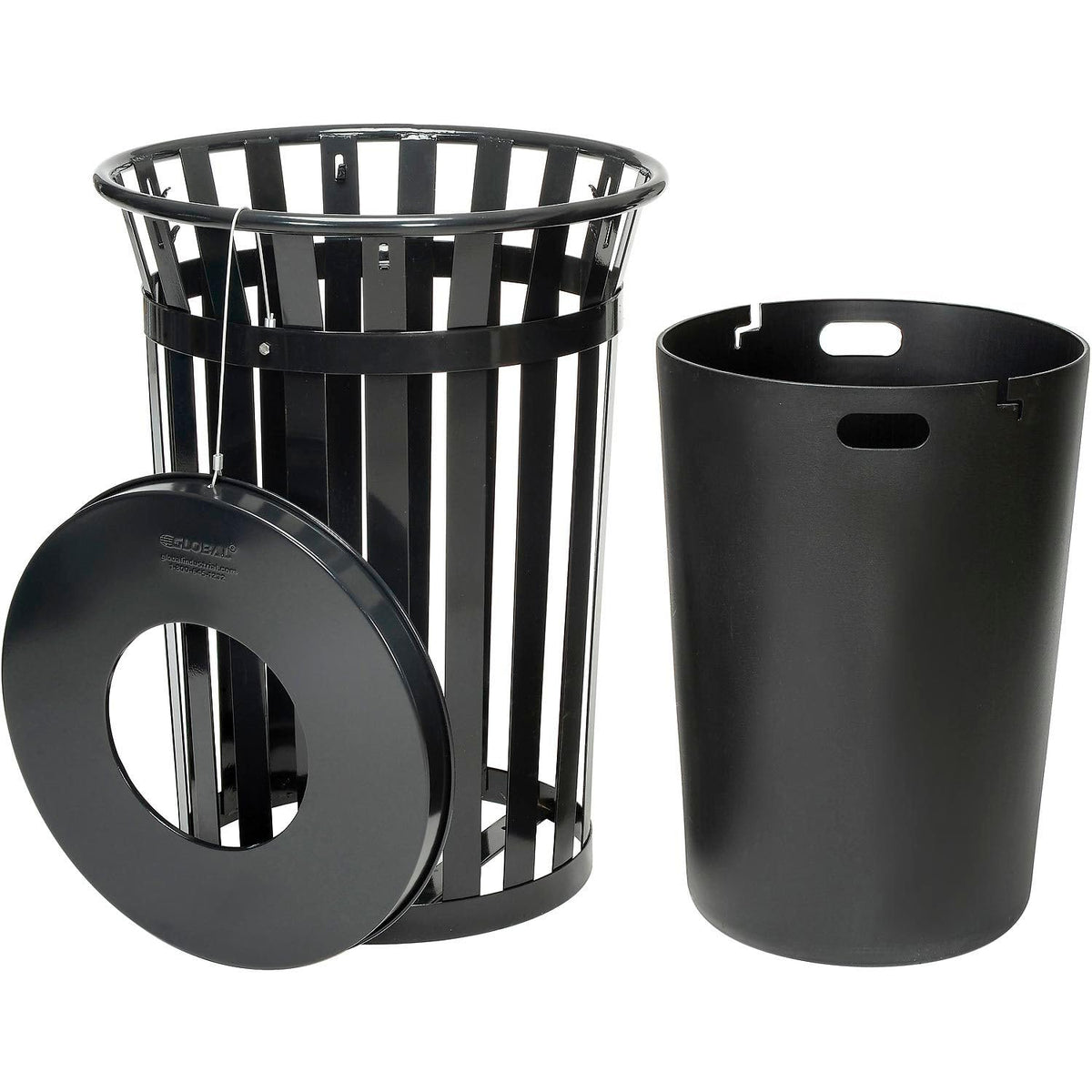 Global Industrial 36 Gallon Outdoor Slatted Steel Round Trash Can with Flat Lid, Plastic Liner &