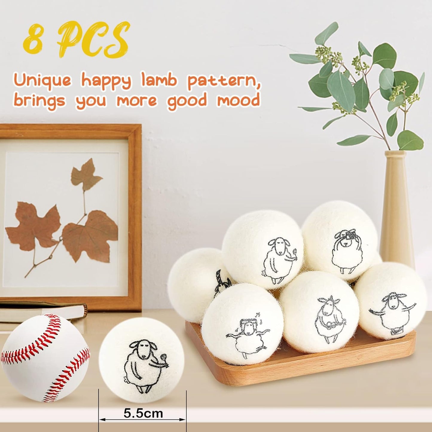 Wool Dryer Balls, 8PCS Dryer Balls with Happy Sheep - Natural & Organic, 100% New Zealand Wool