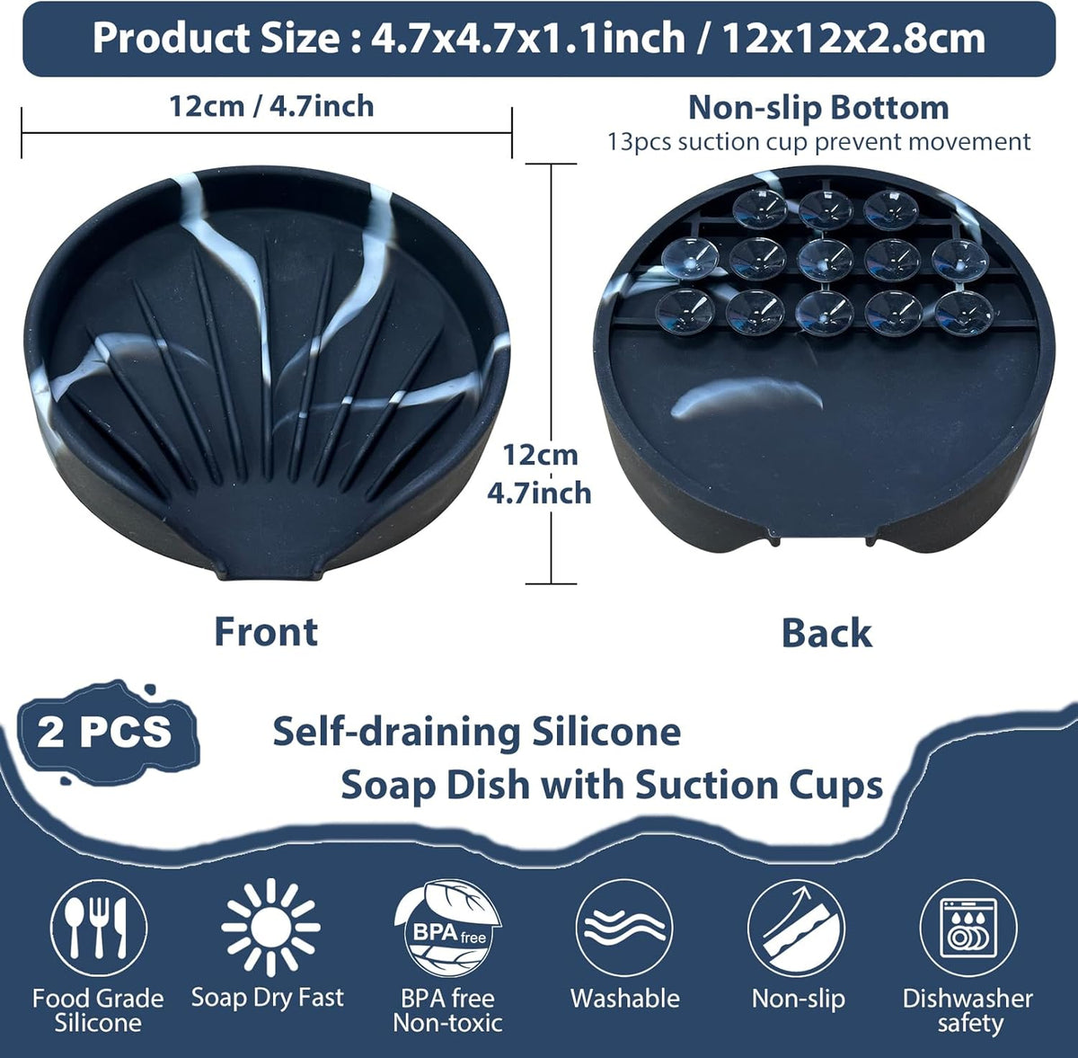 Self Draining Soap Dish, Silicone Suction Cup Soap Holder Tray Savers Container Sponge Holder for