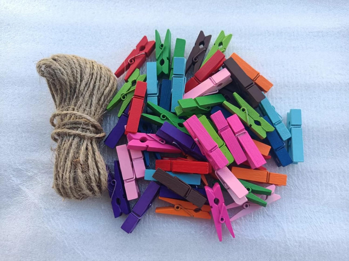 Durreus Colorful Small Clothes Pins Photos String Display with Clips Art Hanging Kit for Artwork