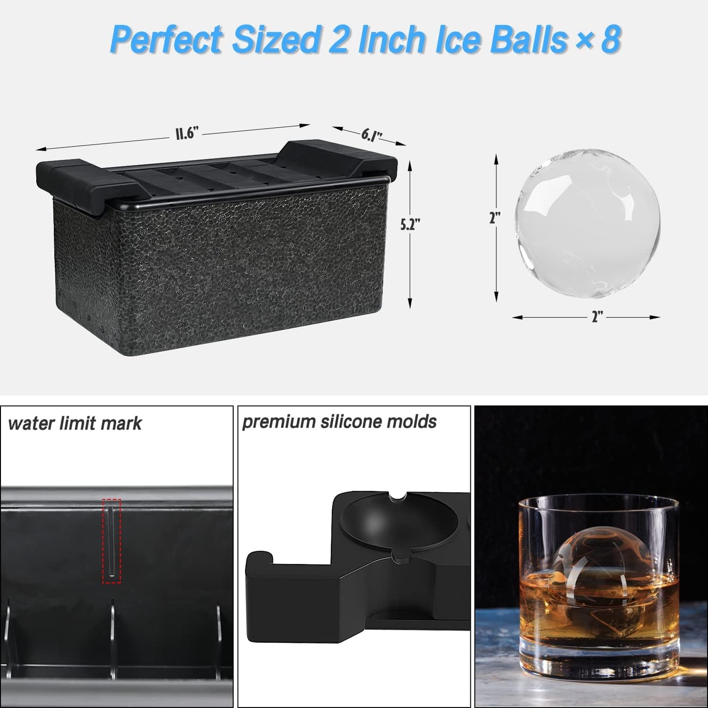 TINANA Ice Sphere Cube Maker, 2 Inch Crystal Clear prepare 8 Large Round Balls, for Cocktail