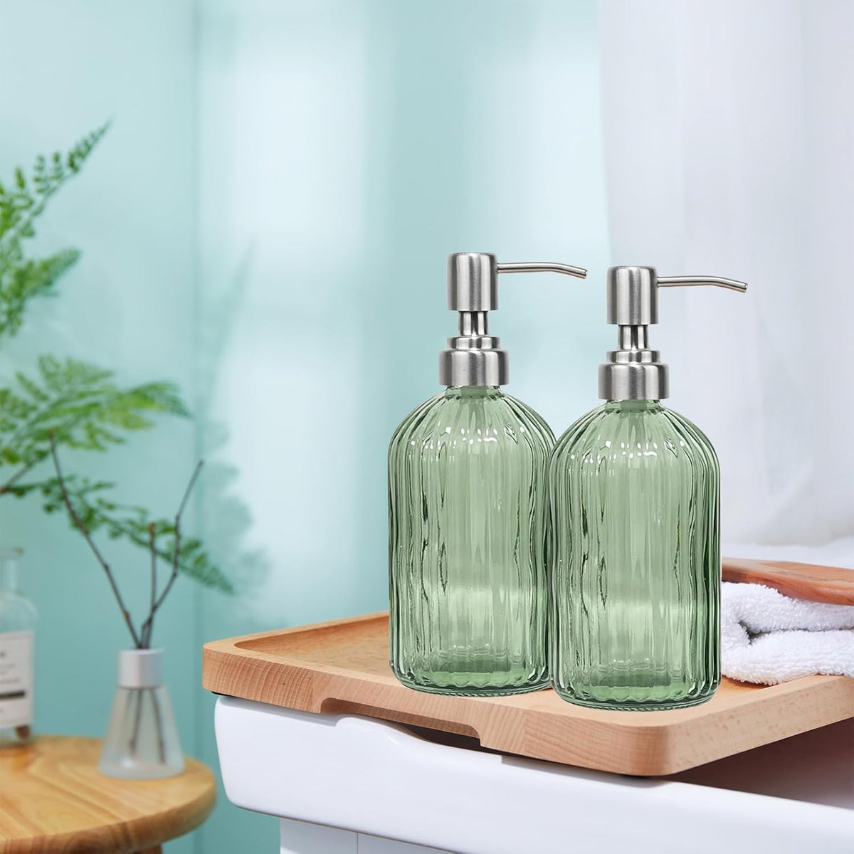 14Oz Green Soap Dispenser Bathroom - 2 Pack, Clear Glass Hand Soap Dispensers with Stainless Steel