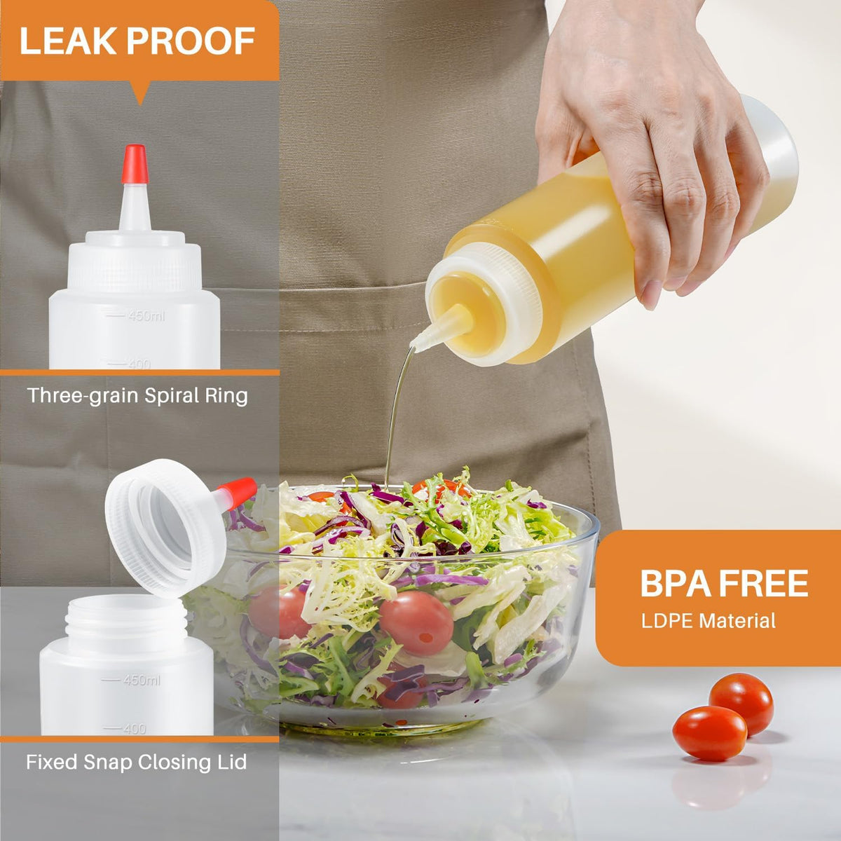 Squeeze Bottles, 16oz Leak-Proof Wide Mouth Condiment Squeeze Bottles for Liquids Sauces Ketchup