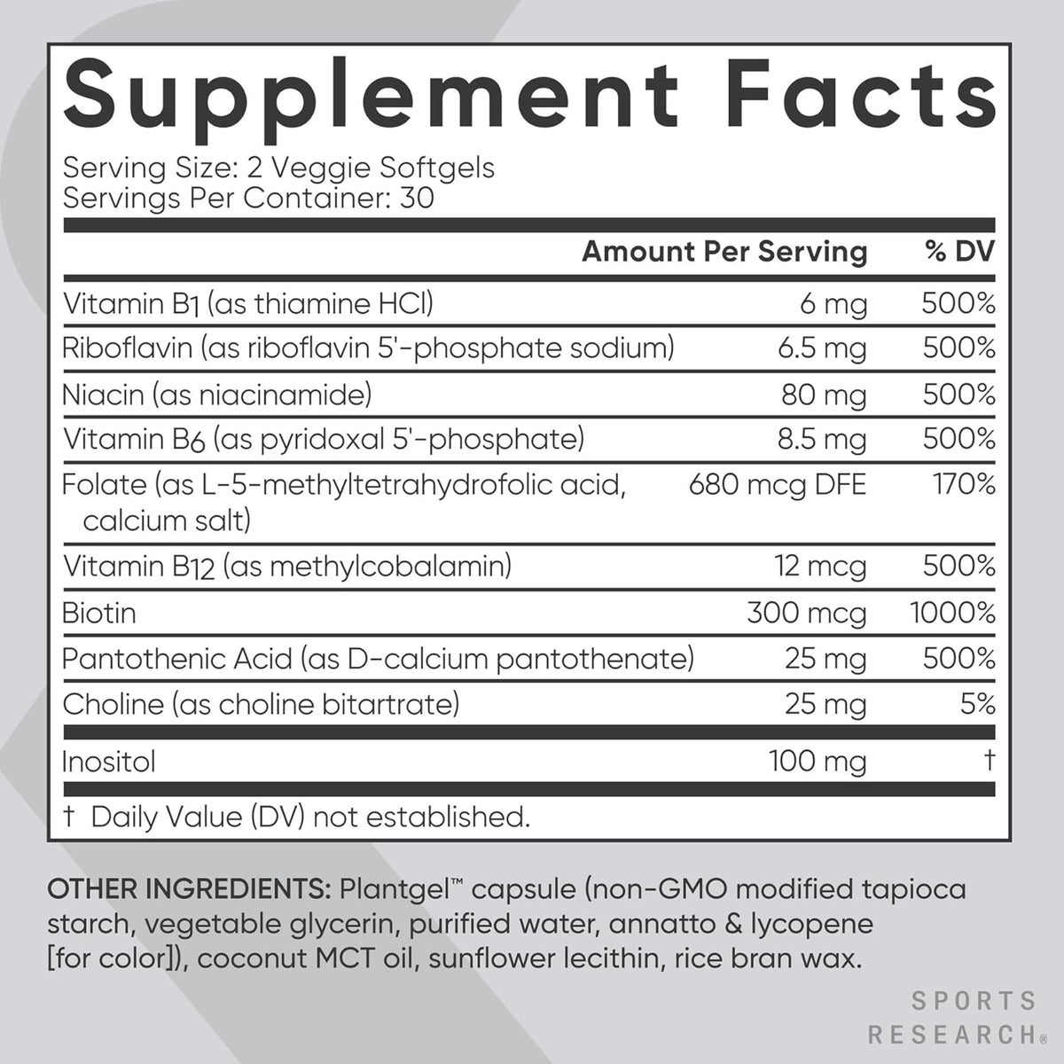 Sports Research® Vitamin B-Complex - Full Spectrum of B Vitamins with Methylated B12 & Folate