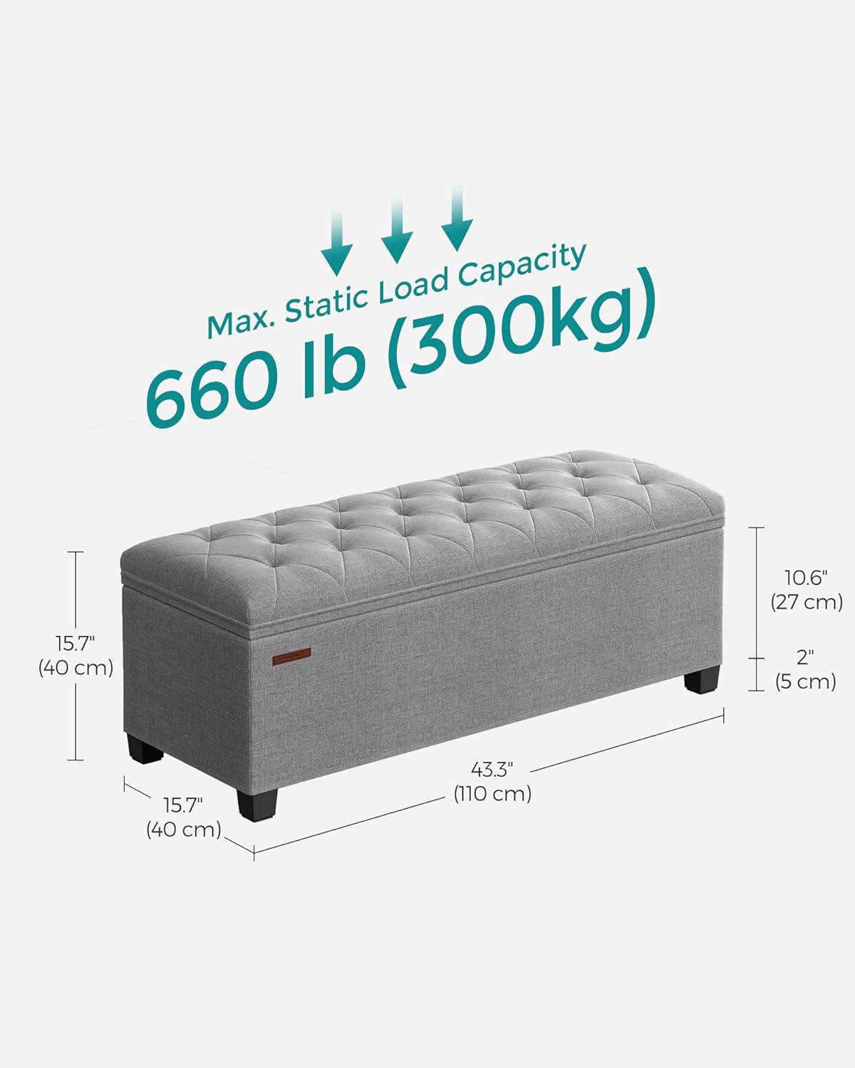 SONGMICS Storage Ottoman Bench, Foot Rest with Legs, 15.7 x 43.3 x 15.7 Inches, End of Bed Bench