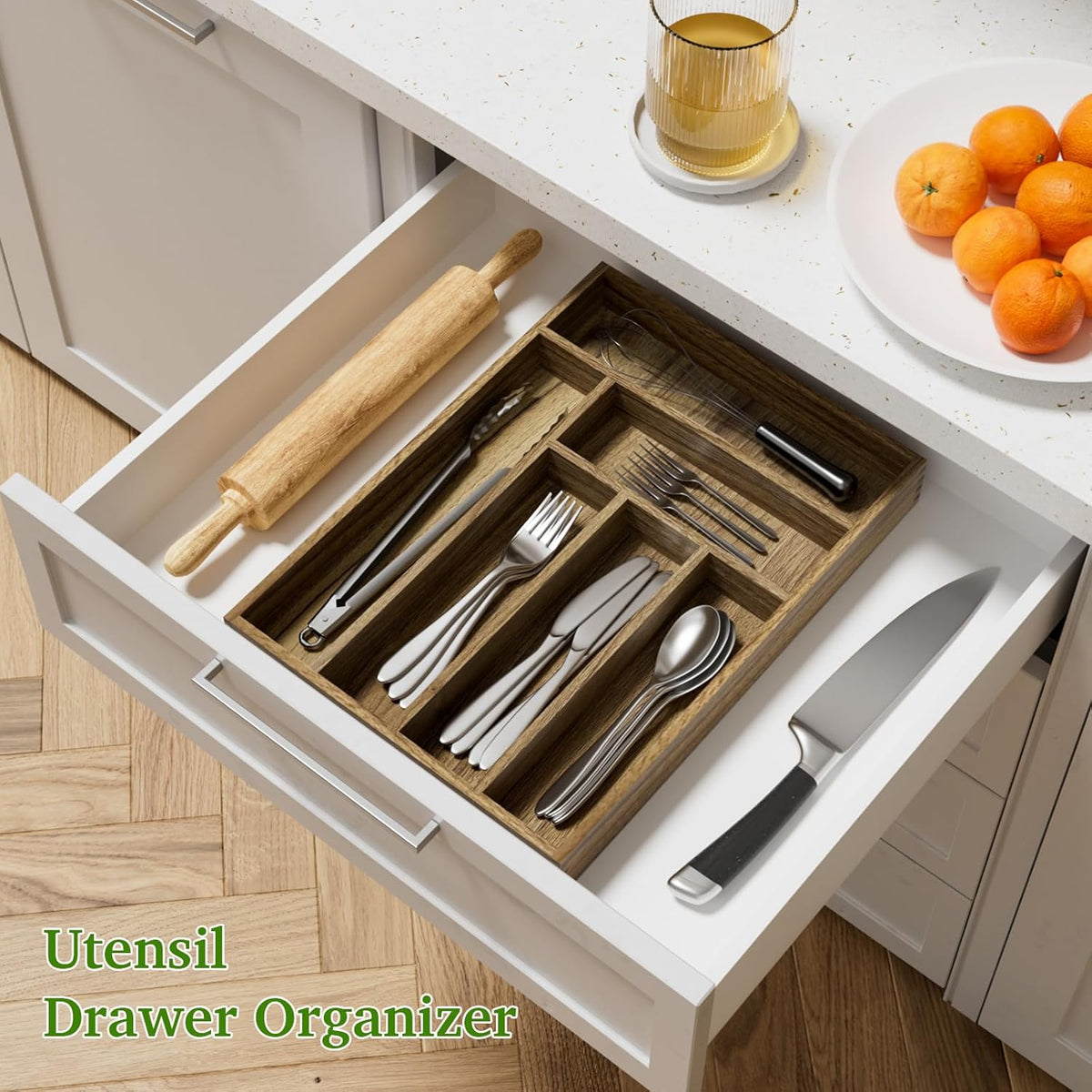 Acacia Wood Silverware Drawer Organizer, Kitchen Utensil Cutlery Drawer Organizer with Dividers