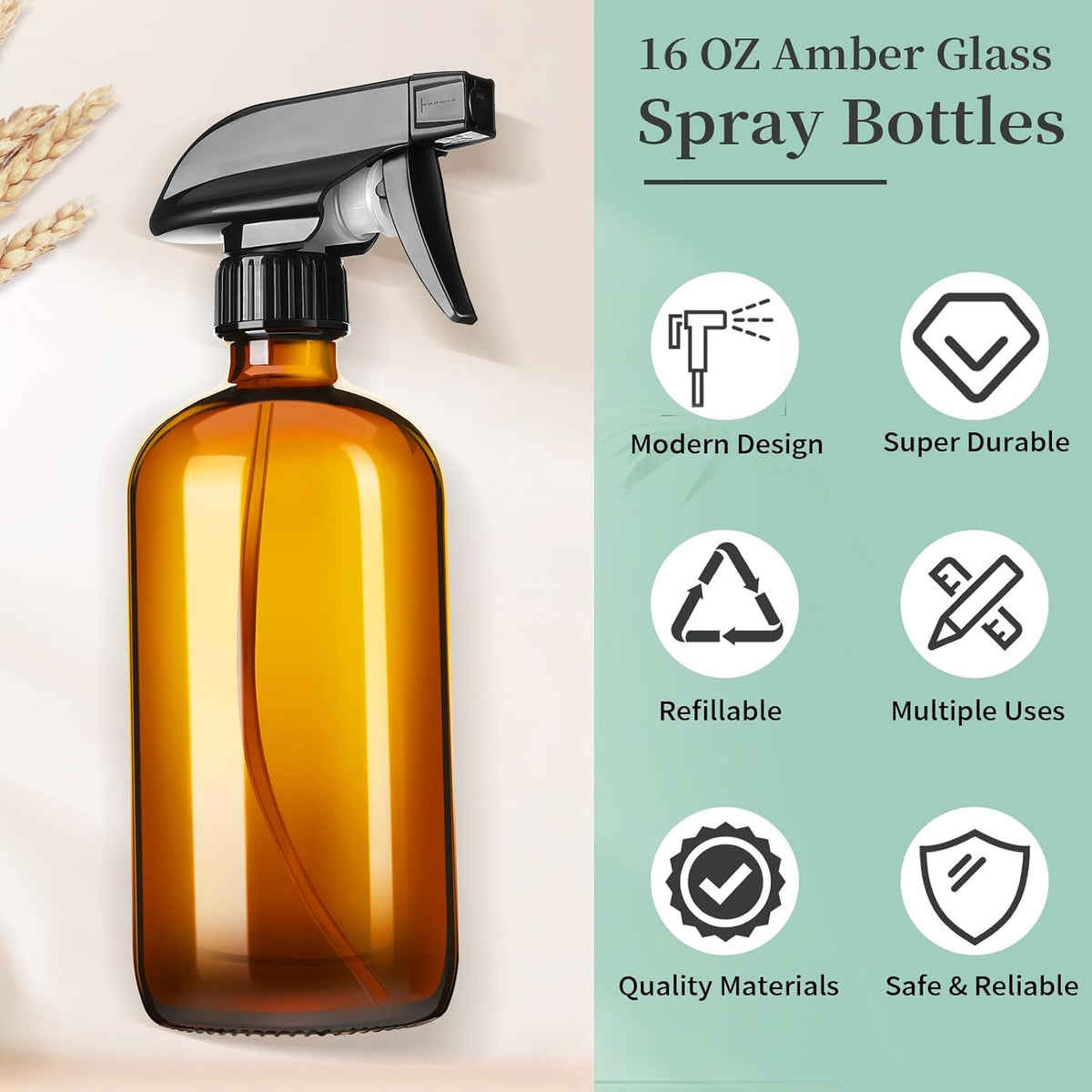 16oz Amber Glass Spray Bottles,4 Pack Glass Spray Bottles Refillable Empty Bottle with Adjustable