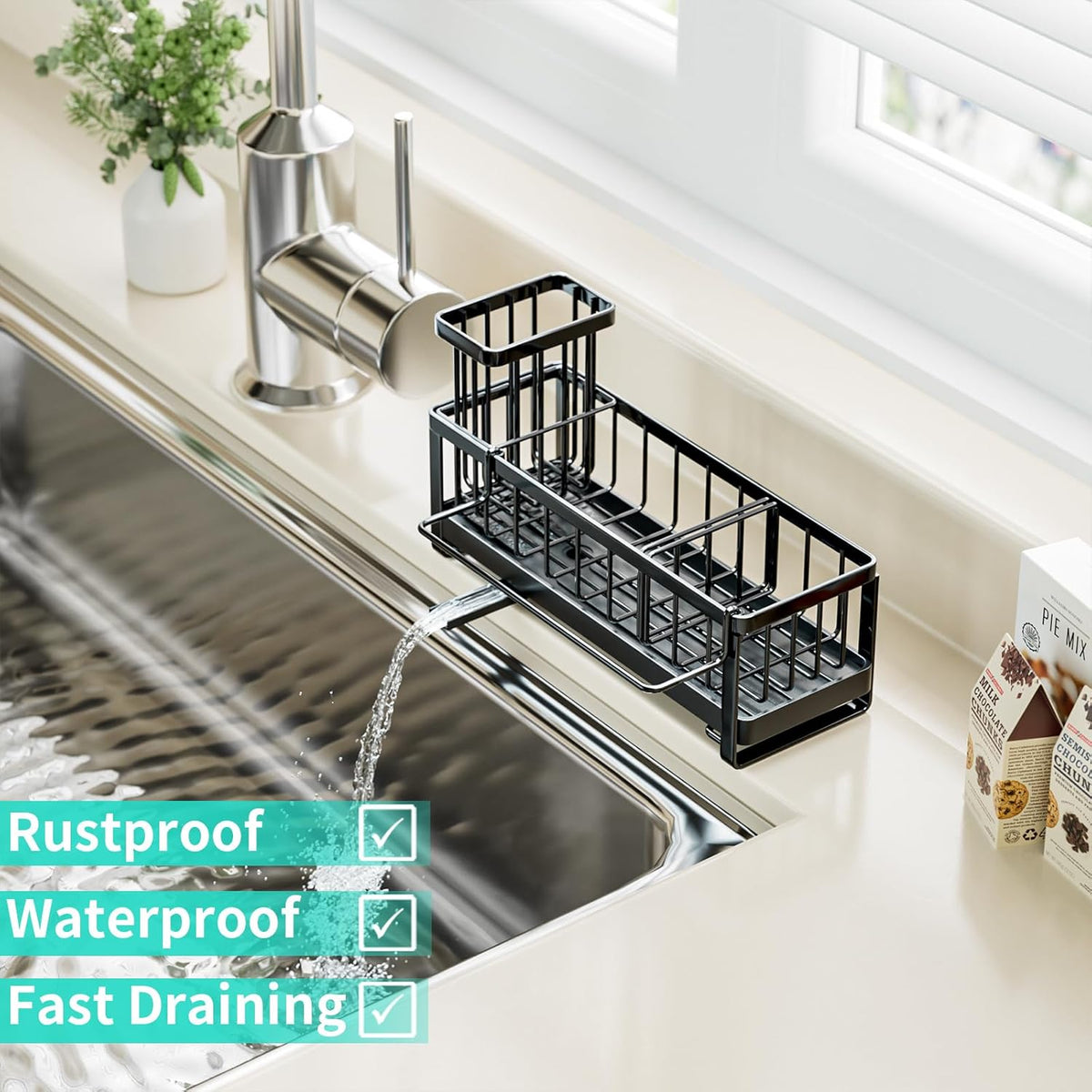HapiRm Sponge Holder for Kitchen Sink - Self-draining Sink Caddy with Brush and Dishcloth Holders