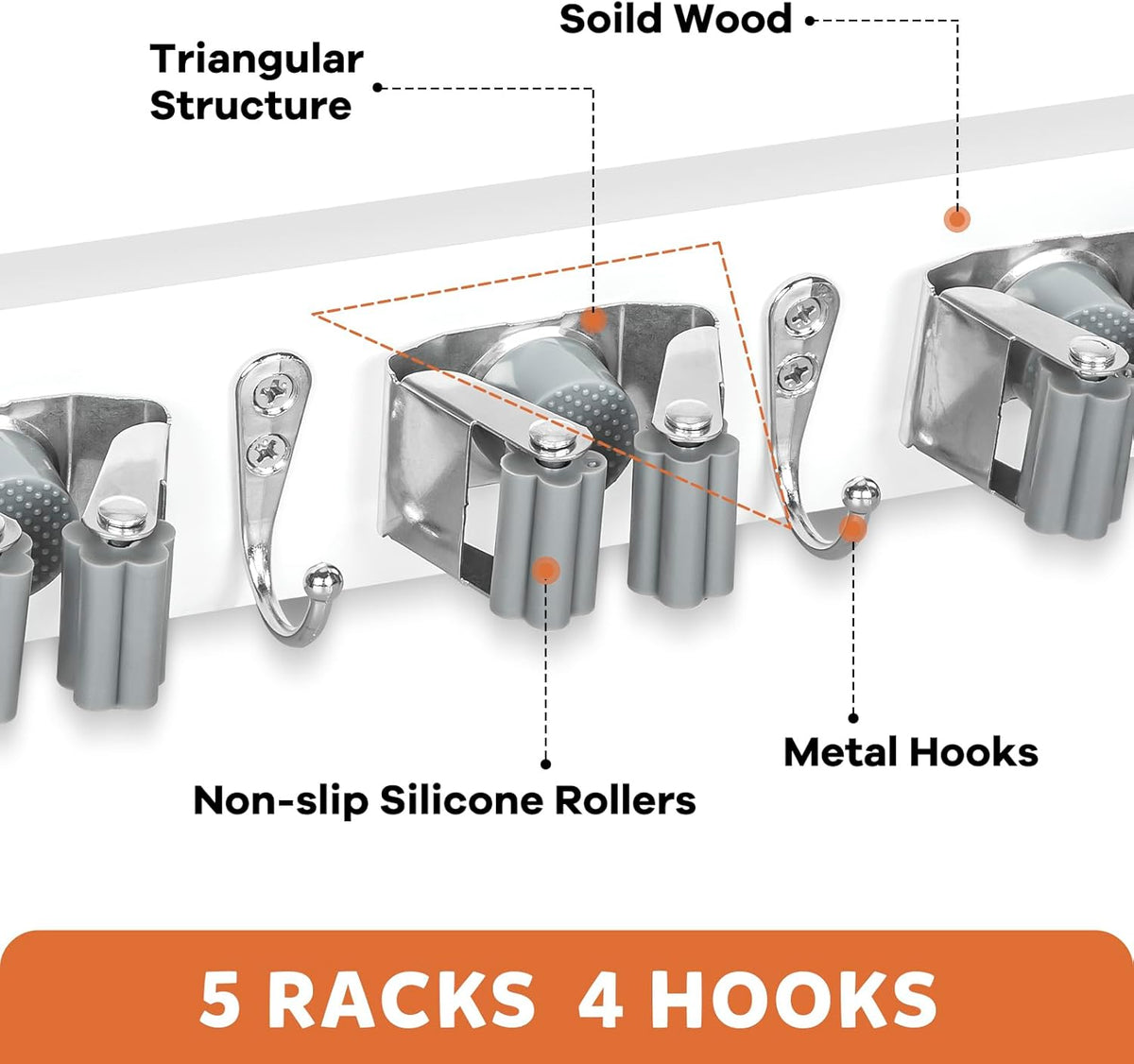 IMILLET Broom Holder Wall Mount, Wood Broom Holder with 5 Racks and 4 Hooks Broom Organizer