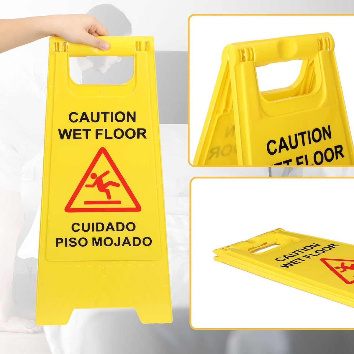 Macarrie 12 Pack Caution Wet Floor Sign Wet Floor Double Sided Cuidado Piso Mojado Foldable