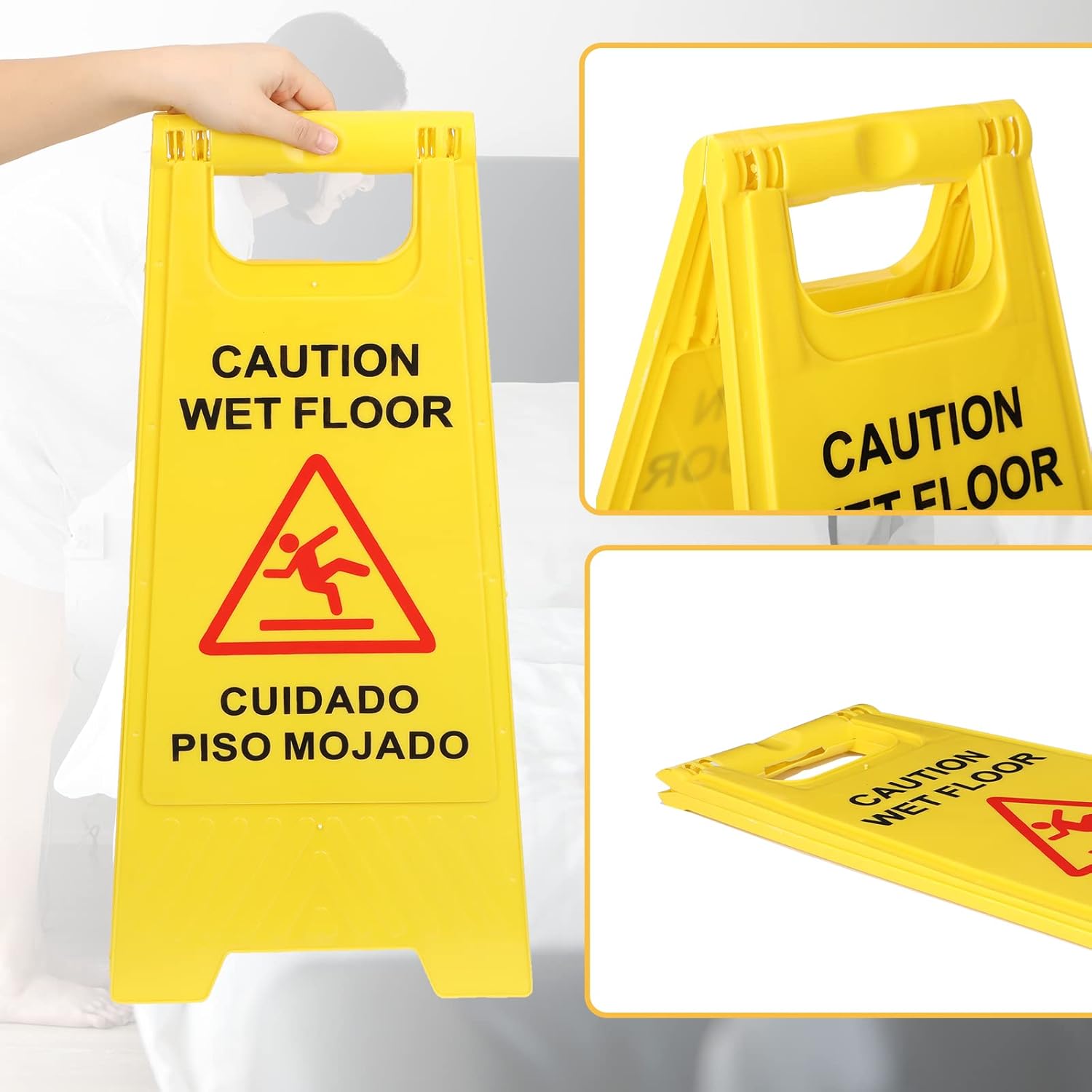 Macarrie 12 Pack Caution Wet Floor Sign Wet Floor Double Sided Cuidado Piso Mojado Foldable