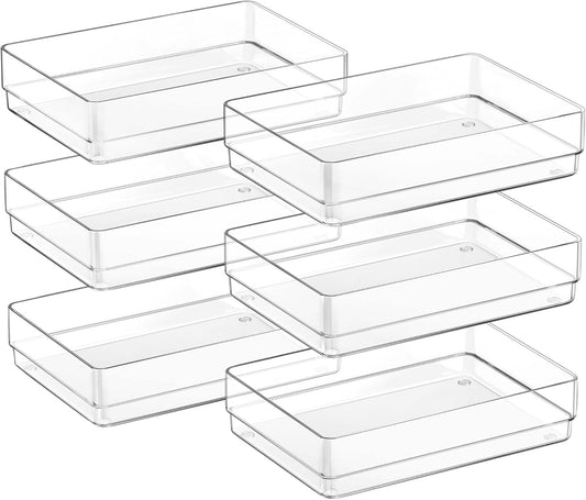 SMARTAKE 6 PCS Clear Plastic Drawer Organizers Set, Large Size Non-Slip Desk Drawer Organizer