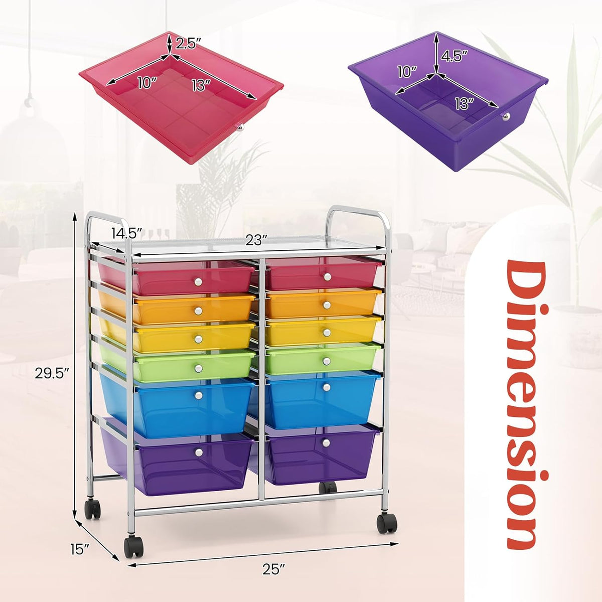 GOFLAME 12-Drawer Rolling Storage Cart, Multipurpose Organizer Cart with 2 Sizes Plastic Drawers