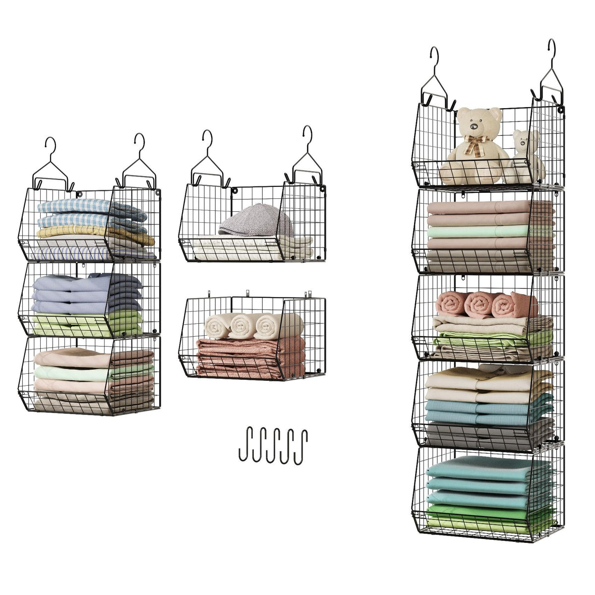 X-cosrack 5 Tier Closet Hanging Organizer, Clothes Hanging Shelves with 4 Hanging Hooks 5 S Hooks