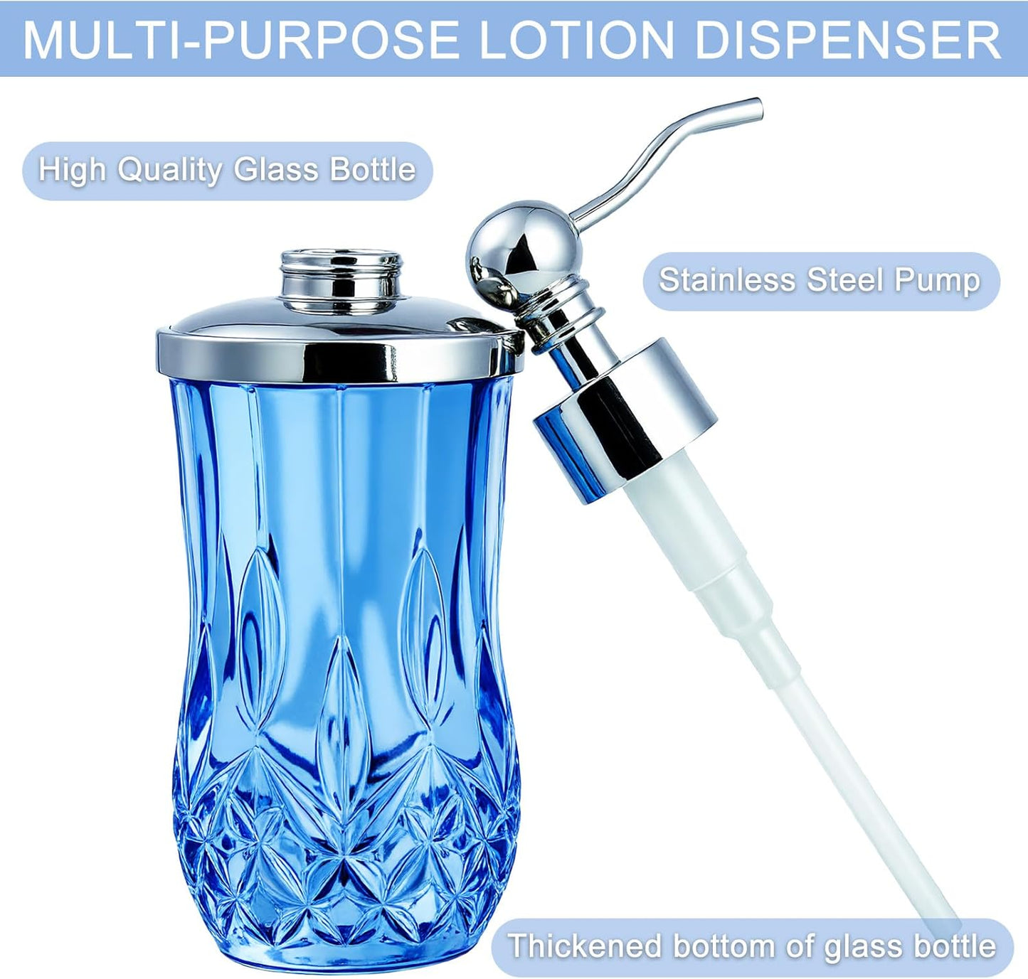 9Oz Diamond Grid Pattern Blue Glass Soap Dispenser with Rust Proof Stainless Steel Pump,Refillable