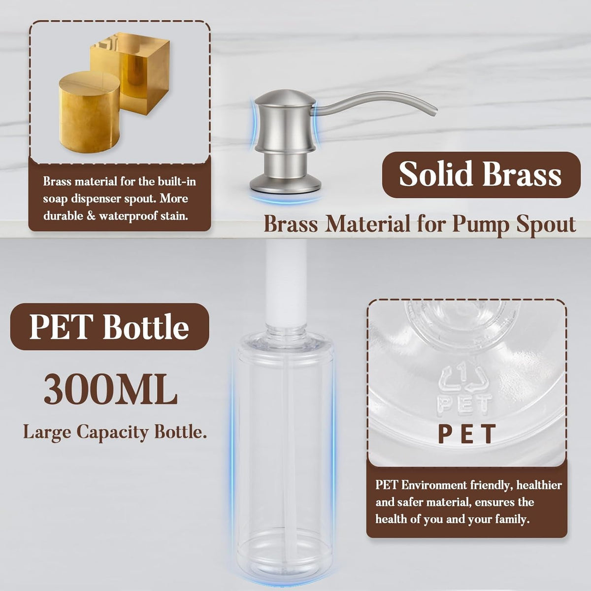 Built in Soap Dispenser for Kitchen Sink Countertop, Solid Brass Pump Head Long Spout with 10.2