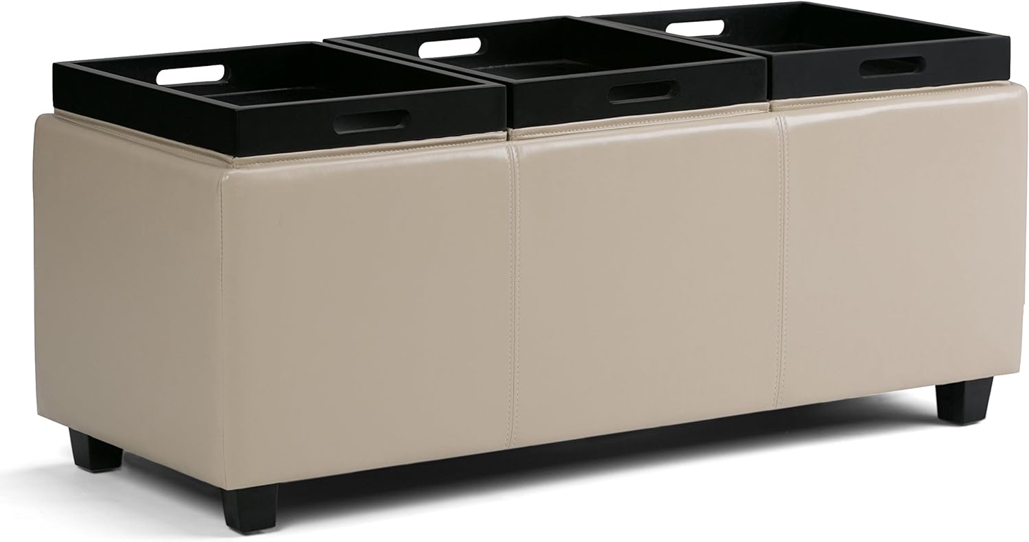 SIMPLIHOME Avalon 42 inch Wide Contemporary Rectangle Storage Ottoman in Satin Cream Vegan Faux