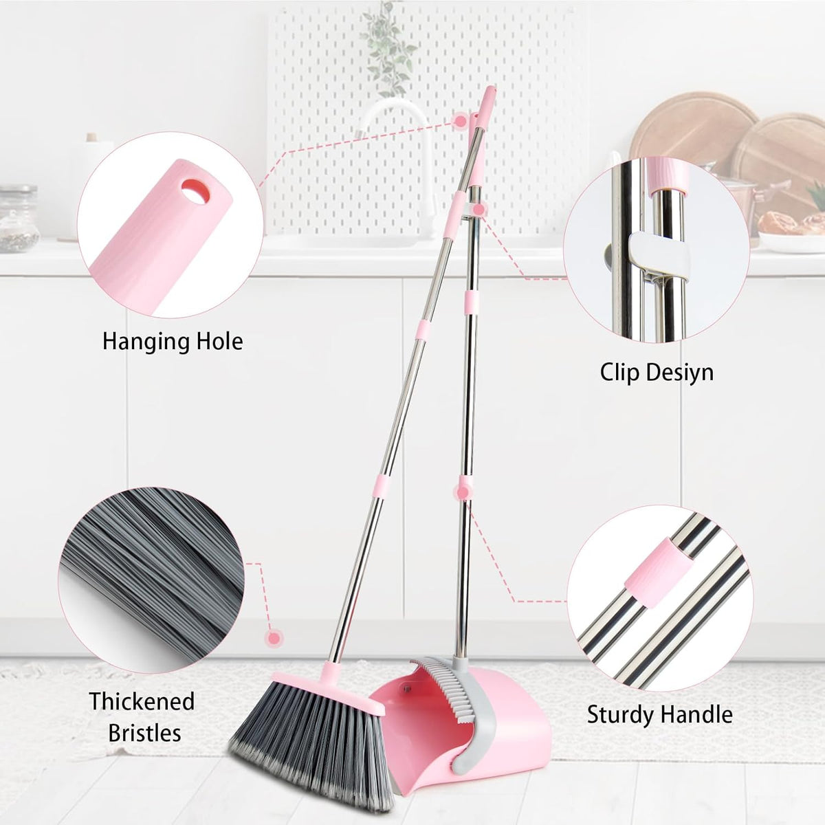 Broom and Dustpan Combo Set, Long Handle and Standing Dust Pan with Comb Teeth, Efficient Floor