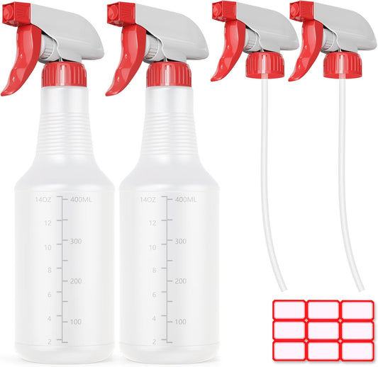Veco Spray Bottle (2 Pack&2 extra Nozzle,16 Oz) with Measurements and Adjustable Nozzle, HDPE