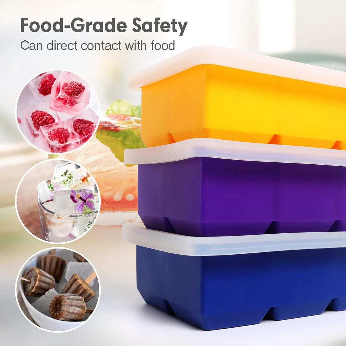 Silicone Ice Cube Trays 3 Pack - Large Size Silicone Ice Cube Molds with Leak Proof Removable Lid