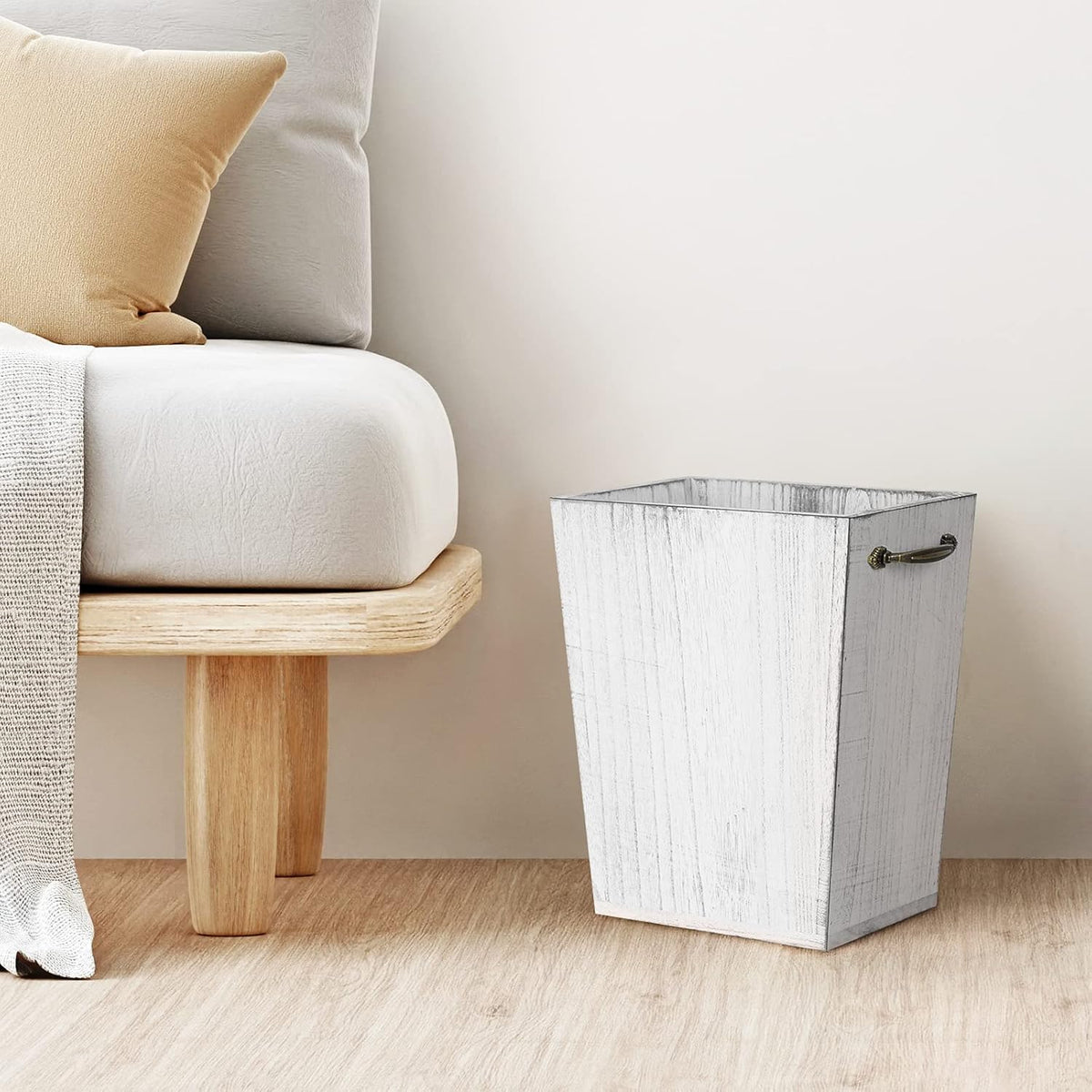 Wood Wastebasket Trash Can Rustic Farmhouse Square Garbage Container Bin with Decorative Metal
