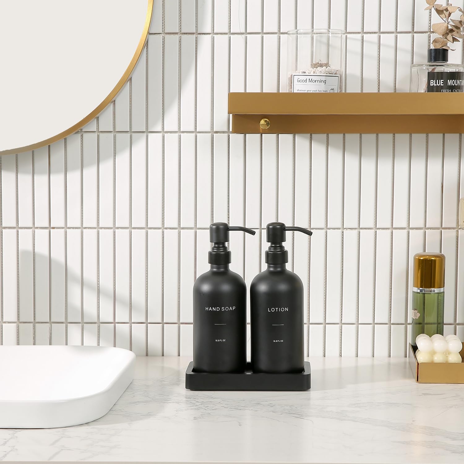 Black Soap Dispenser Bathroom Set, Soap and Lotion Dispenser Set with Stainless Steel Pump, Perfect