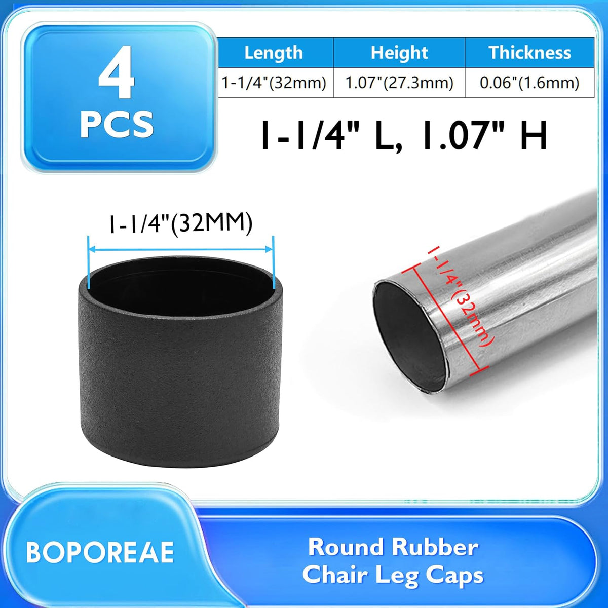 4 Pcs 1-1/4" Round Rubber Chair Leg Caps, PVC Table Leg Covers, Flexible & Anti-Slip Furniture Leg