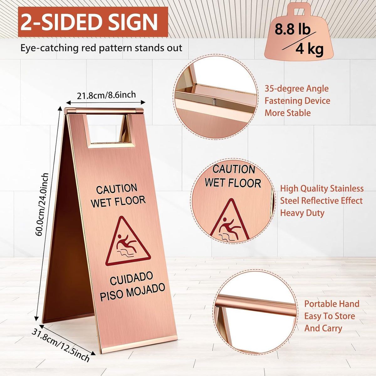 Kigley 2 Pcs Wet Floor Sign, 24 Inch Stainless Steel Caution Wet Floor Sign Double Sided Portable