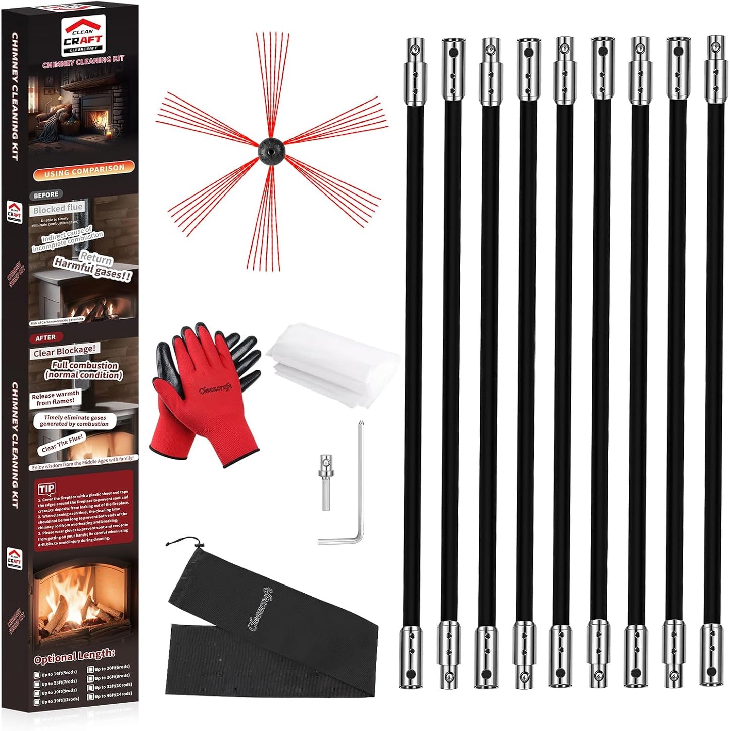 30 Feet Chimney Sweep Kit, Chimney Cleaning Kit with 9 Flexible Black Chimney Rods, Chimney Brush