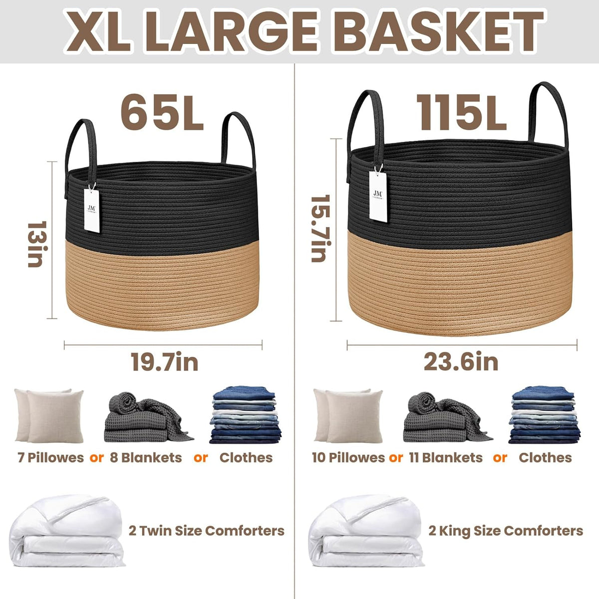 Woven Blanket Basket,115L Large Rope Storage Bin with Handles, Organizer for Blankets Toys Book and