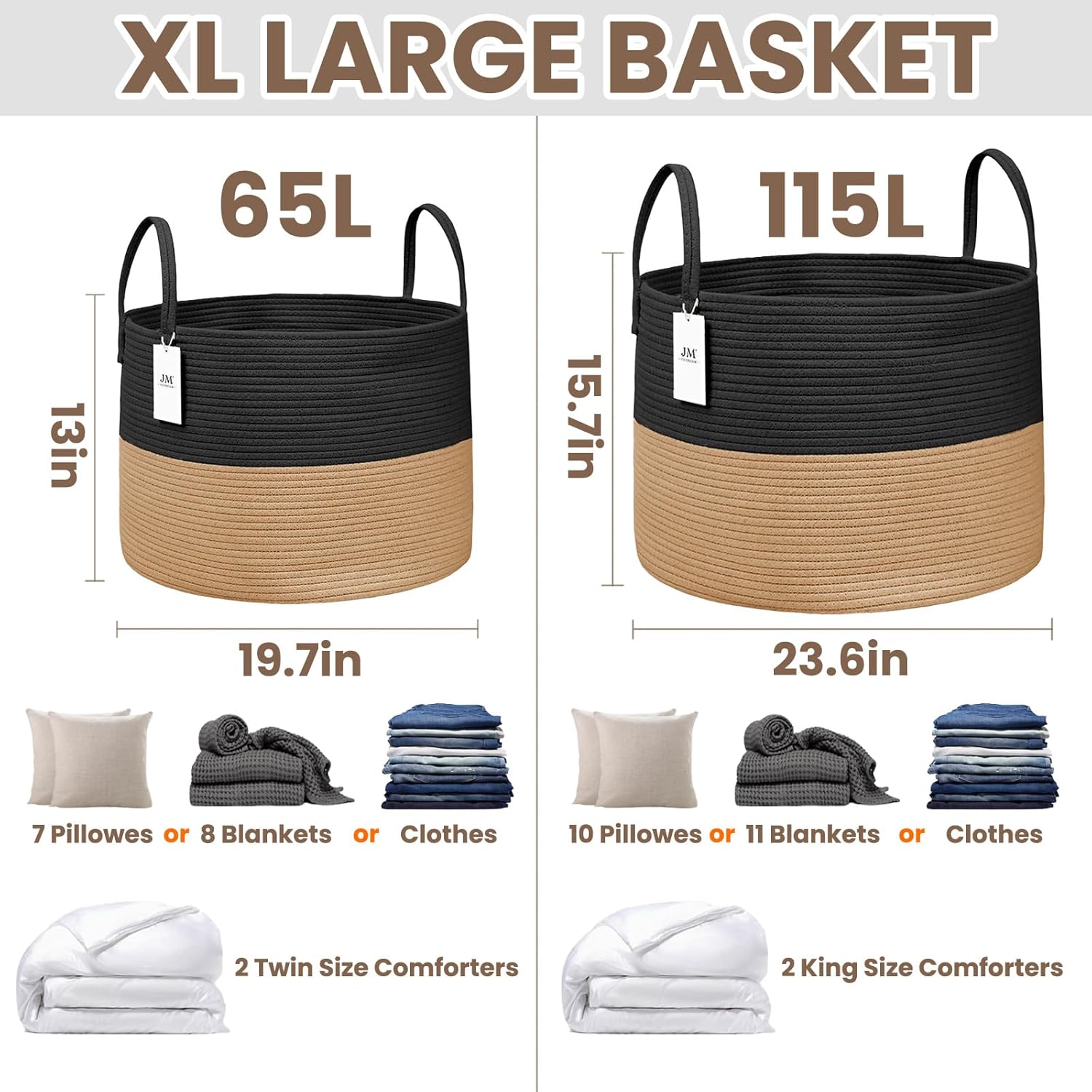 Woven Blanket Basket,115L Large Rope Storage Bin with Handles, Organizer for Blankets Toys Book and