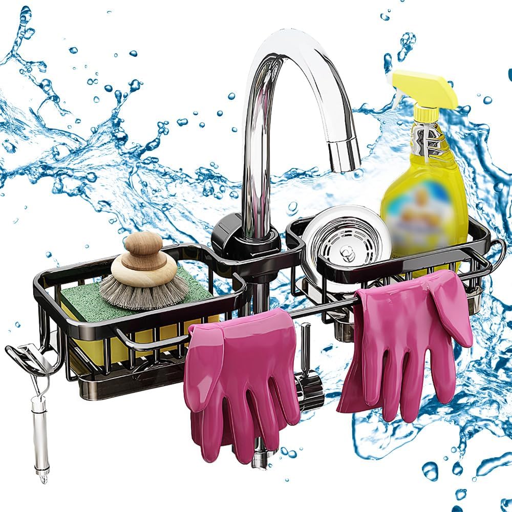 Sink Organizer Rack for Kitchen and Bathroom, 2024 New Kitchen Sink Faucet Organizer with Drip Tray