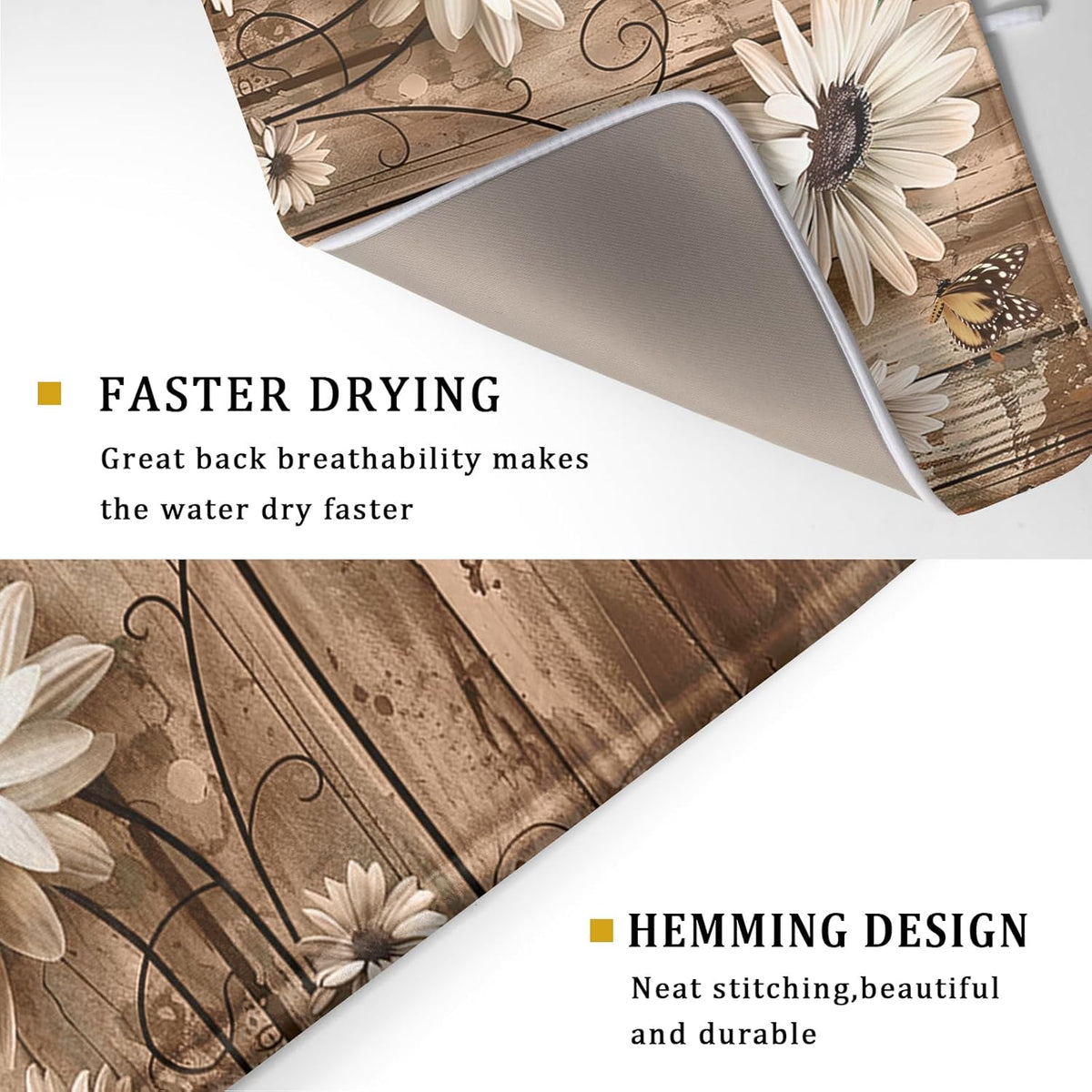 Summer Daisy Flowers Dish Drying Mat for Kitchen Counter 16x18in Rustic Wood Floral Kitchen Mat