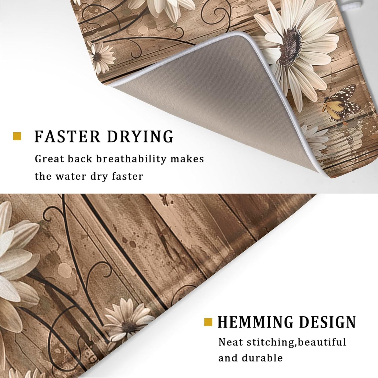 Summer Daisy Flowers Dish Drying Mat for Kitchen Counter 18x24 Inch Rustic Daisy Absorbent Dish