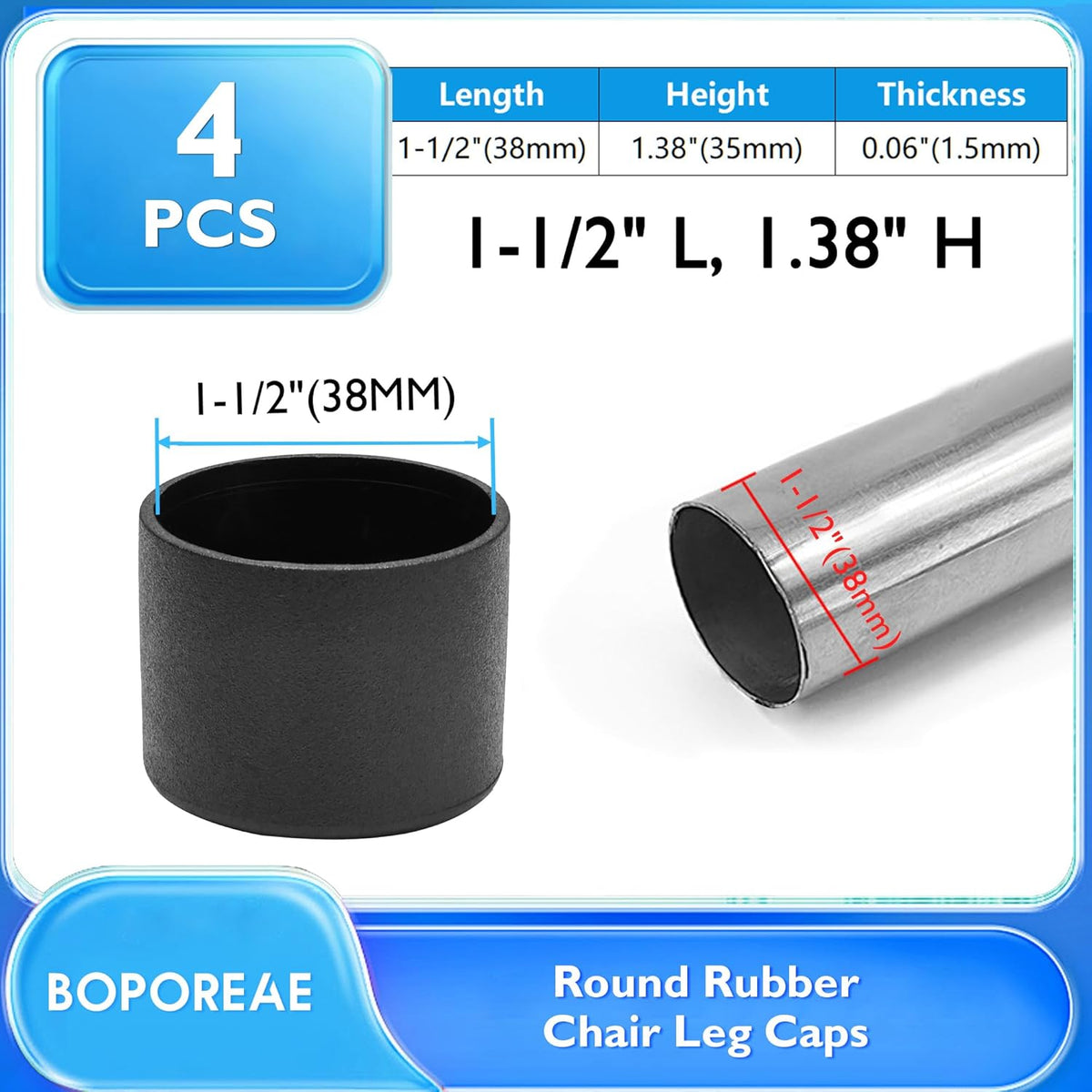 4 Pcs 1-1/2" Round Rubber Chair Leg Caps, PVC Table Leg Covers, Flexible & Anti-Slip Furniture Leg