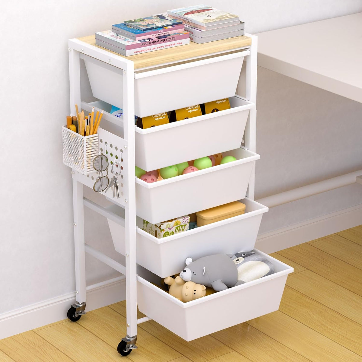 Rolling Cart with Drawers, Rolling Storage Cart with 5 Large Plastic Drawers & Wooden Tabletop