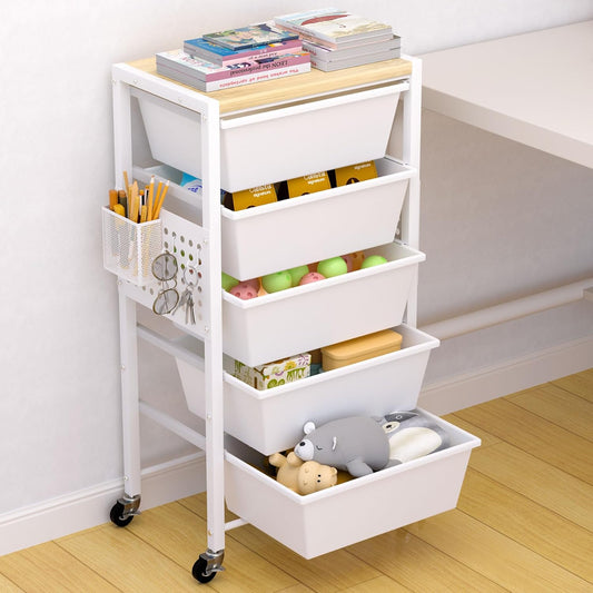 Rolling Cart with Drawers, Rolling Storage Cart with 5 Large Plastic Drawers & Wooden Tabletop