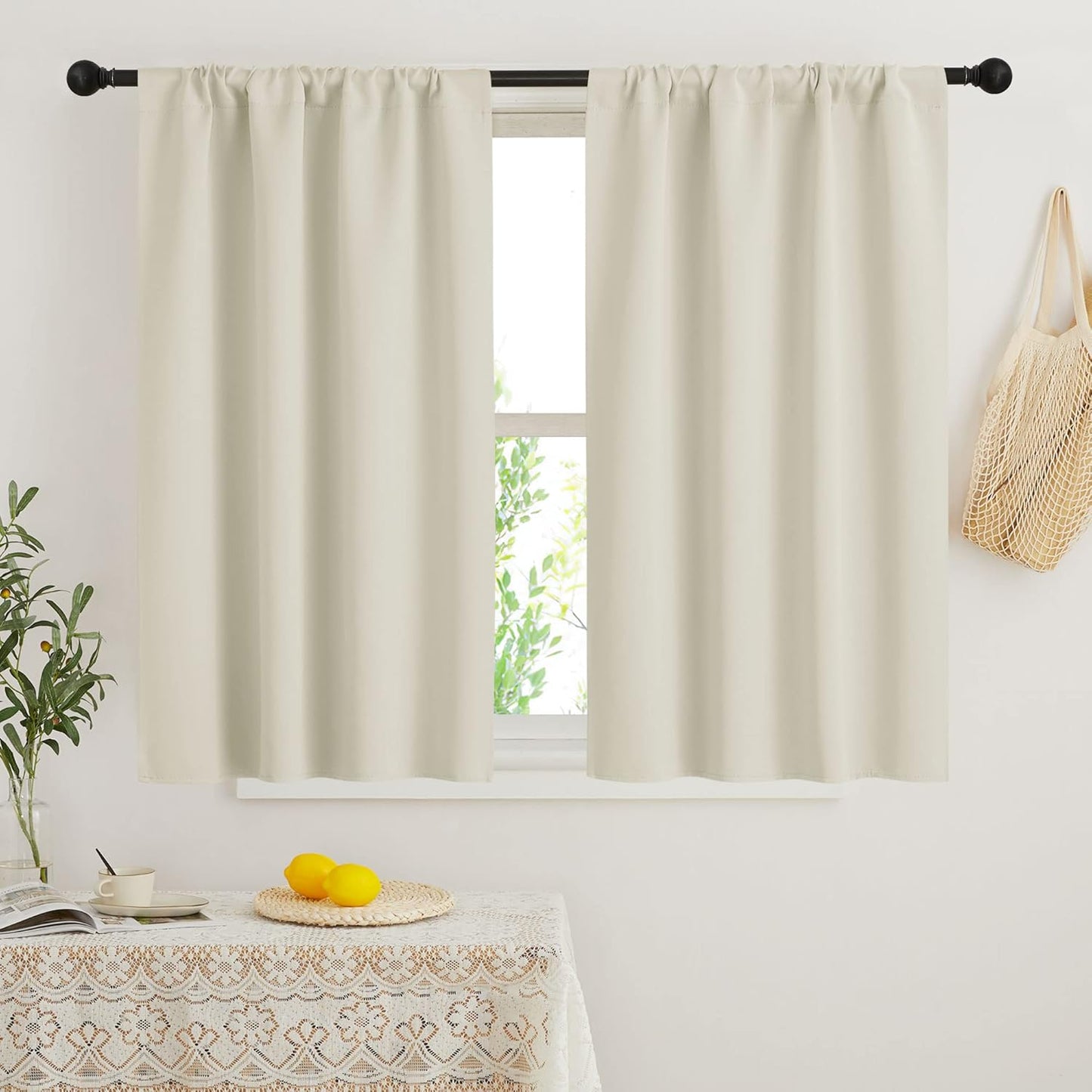 RYB HOME Beige Short Curtains Blackout, 45 inch Durable Cafe Curtains Room Darkening Window Drapes