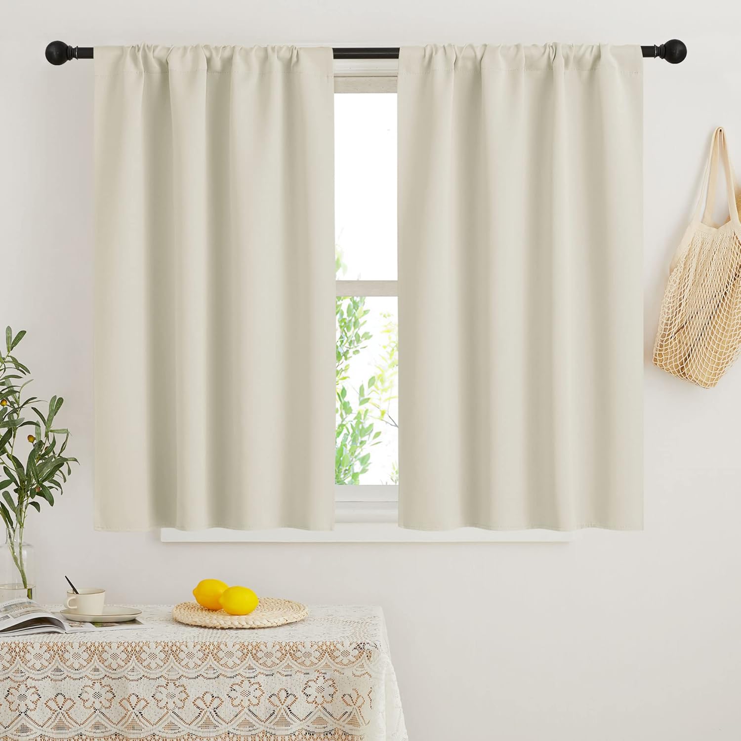 RYB HOME Beige Short Curtains Blackout, 45 inch Durable Cafe Curtains Room Darkening Window Drapes