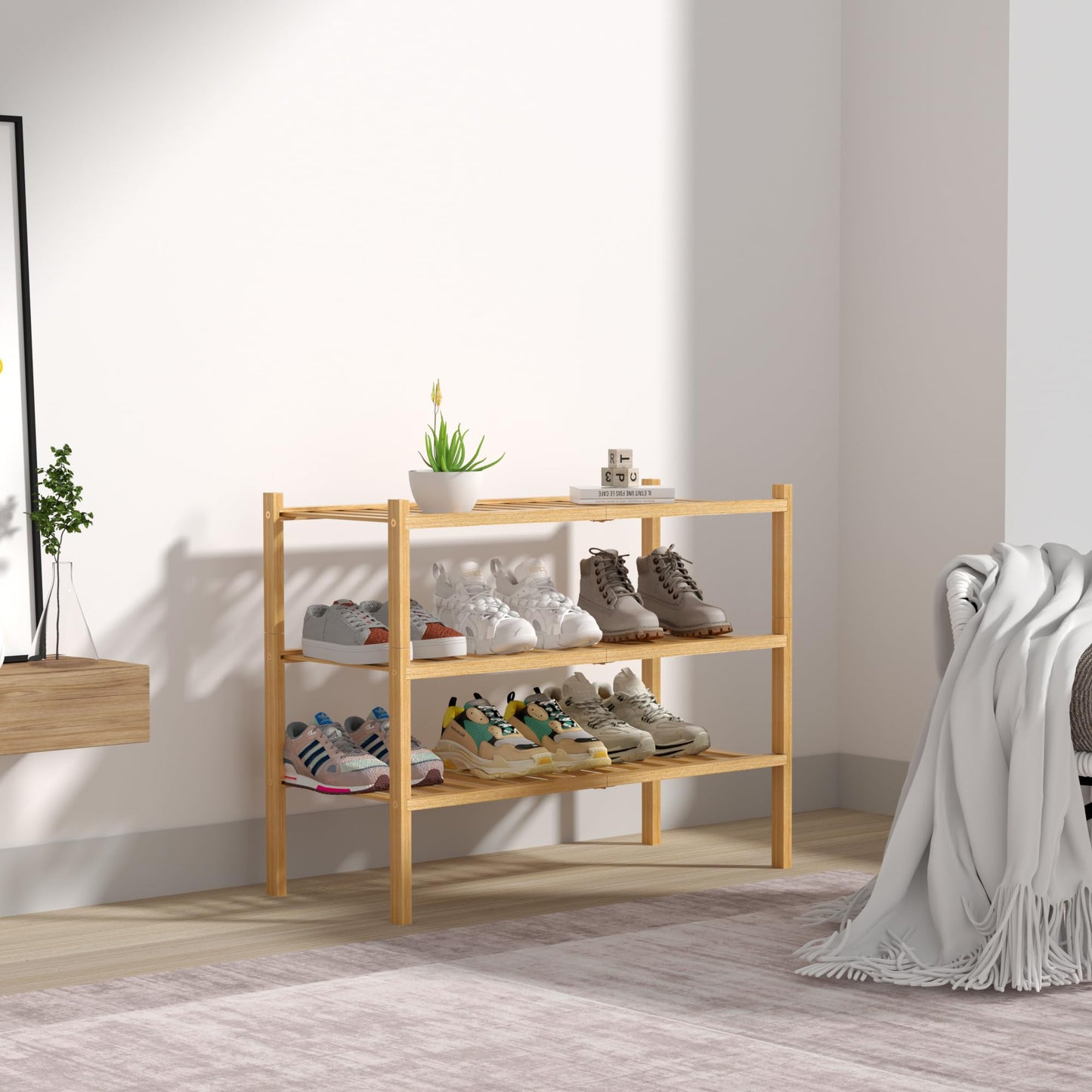 ROMGUAR CRAFT 3 Tier Bamboo Shoe Rack for Closet Free Standing Wood Shoe Shelf Storage Organizer