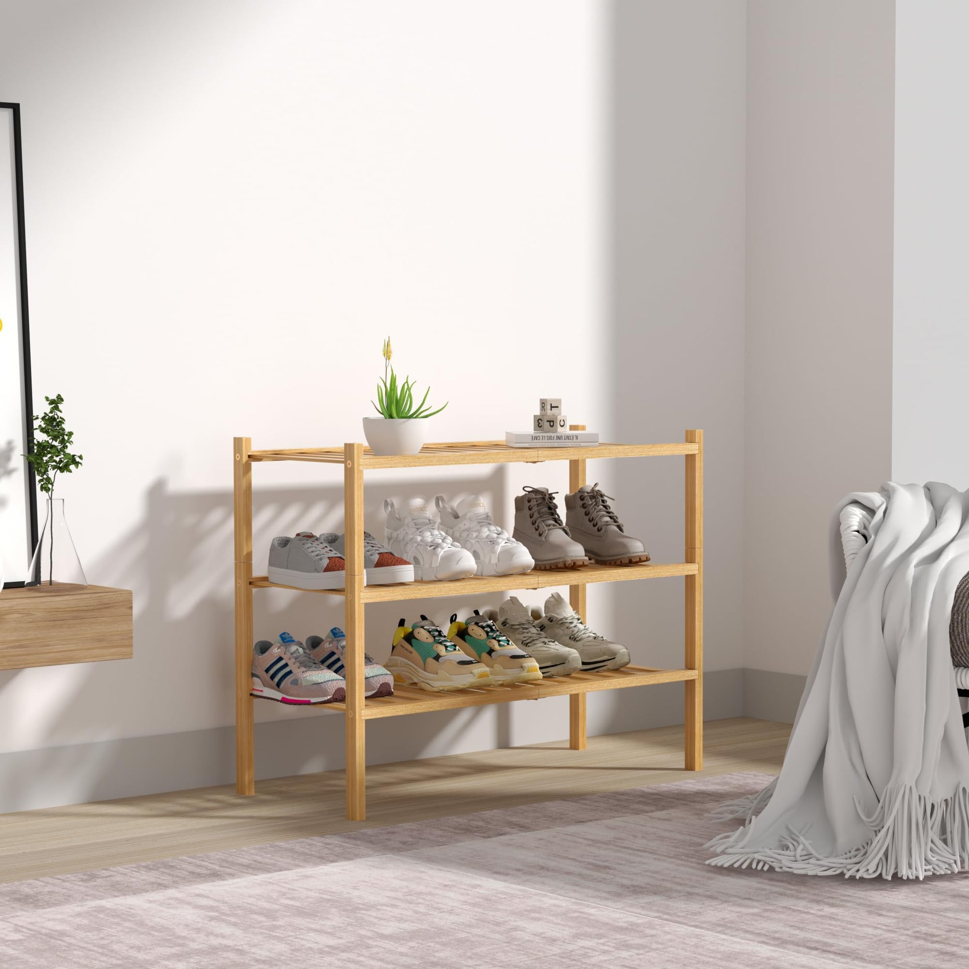 ROMGUAR CRAFT 3 Tier Bamboo Shoe Rack for Closet Free Standing Wood Shoe Shelf Storage Organizer