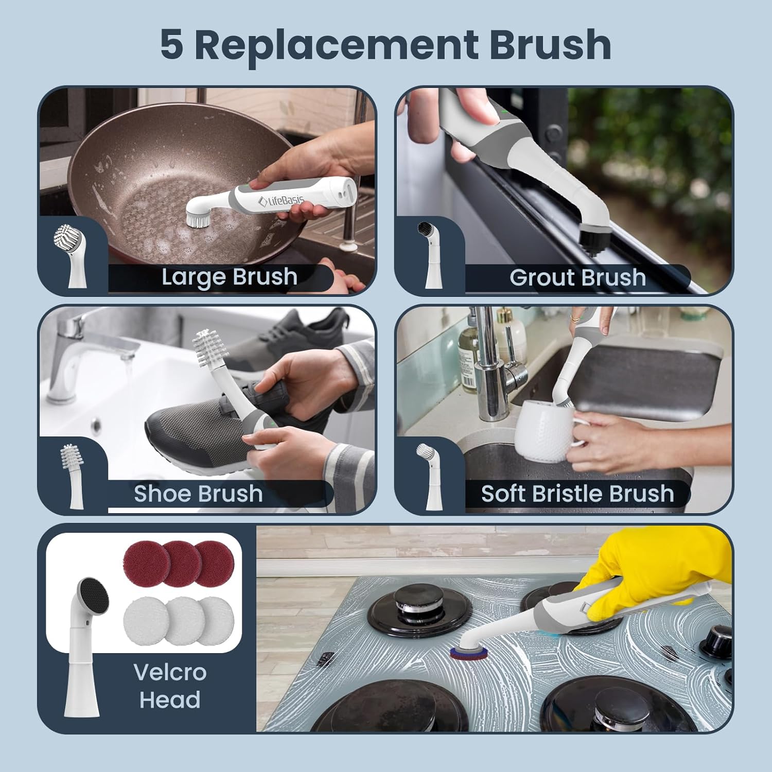 LifeBasis Rechargeable Power Scrubber, Cordless Electric Cleaning Brush, Water Resistant Small