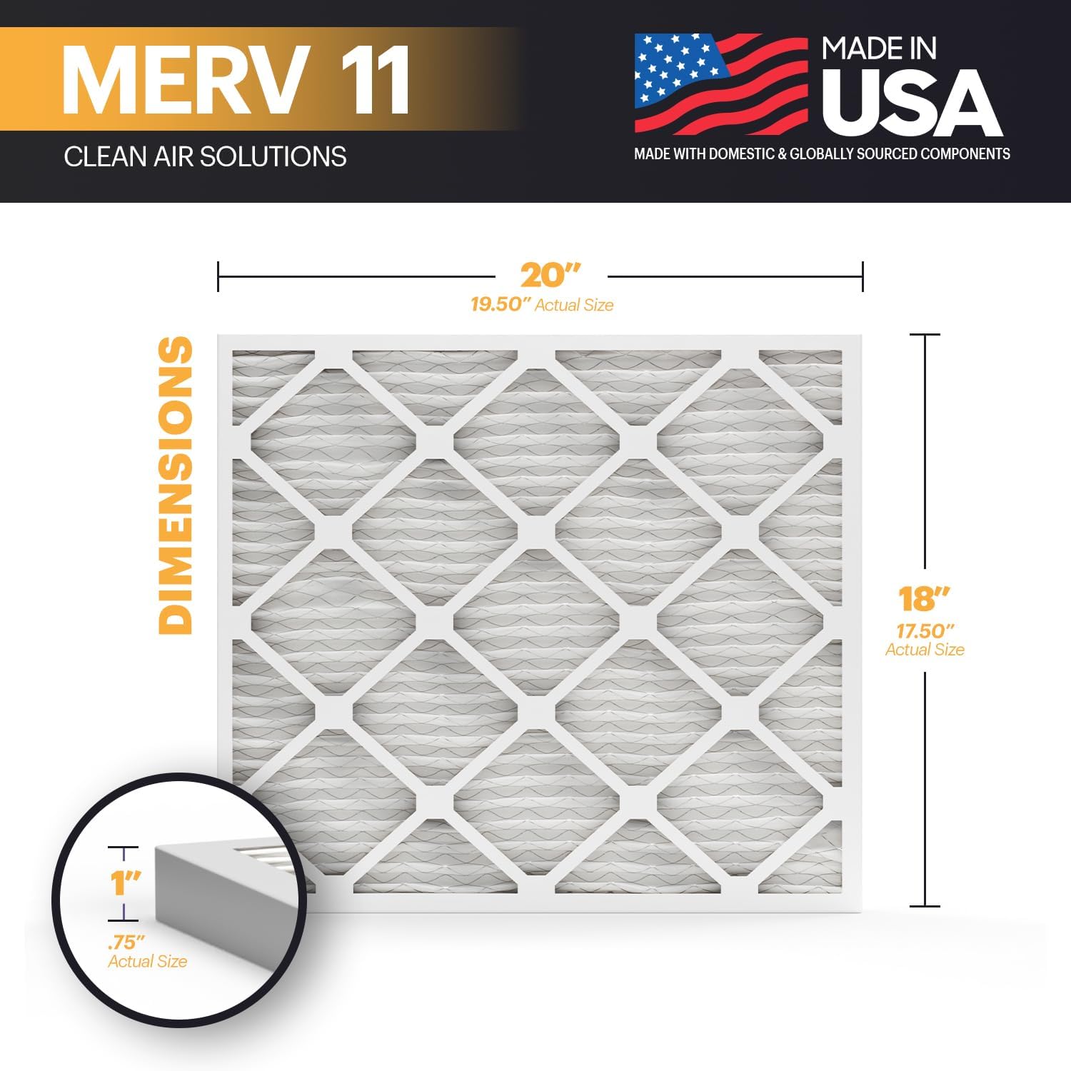 BNX TruFilter 18x20x1 Air Filter MERV 11 (6-Pack) - MADE IN USA - Allergen Defense Electrostatic